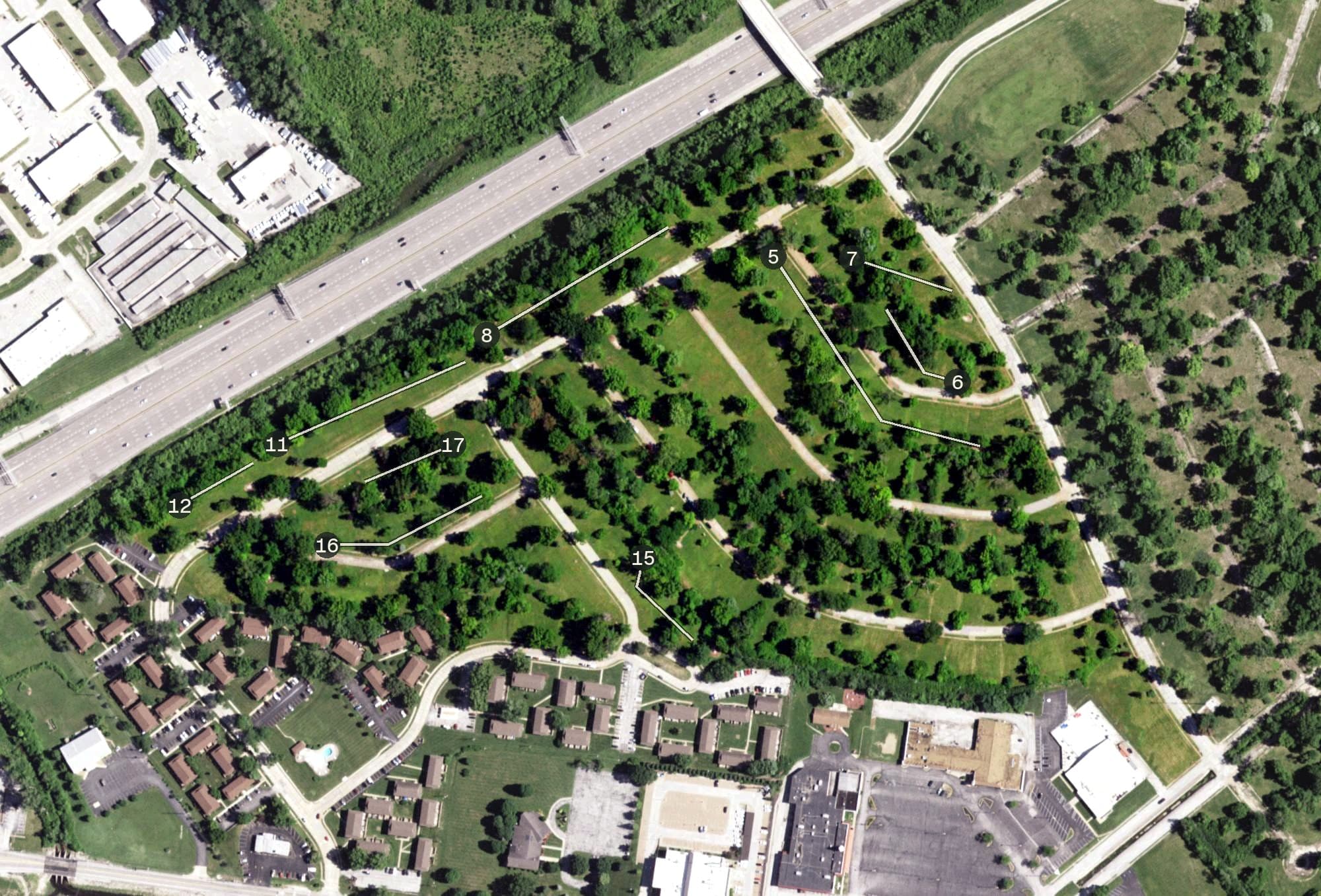 Aerial view of Carrollton Park DGC, MO, with its hole routing marked