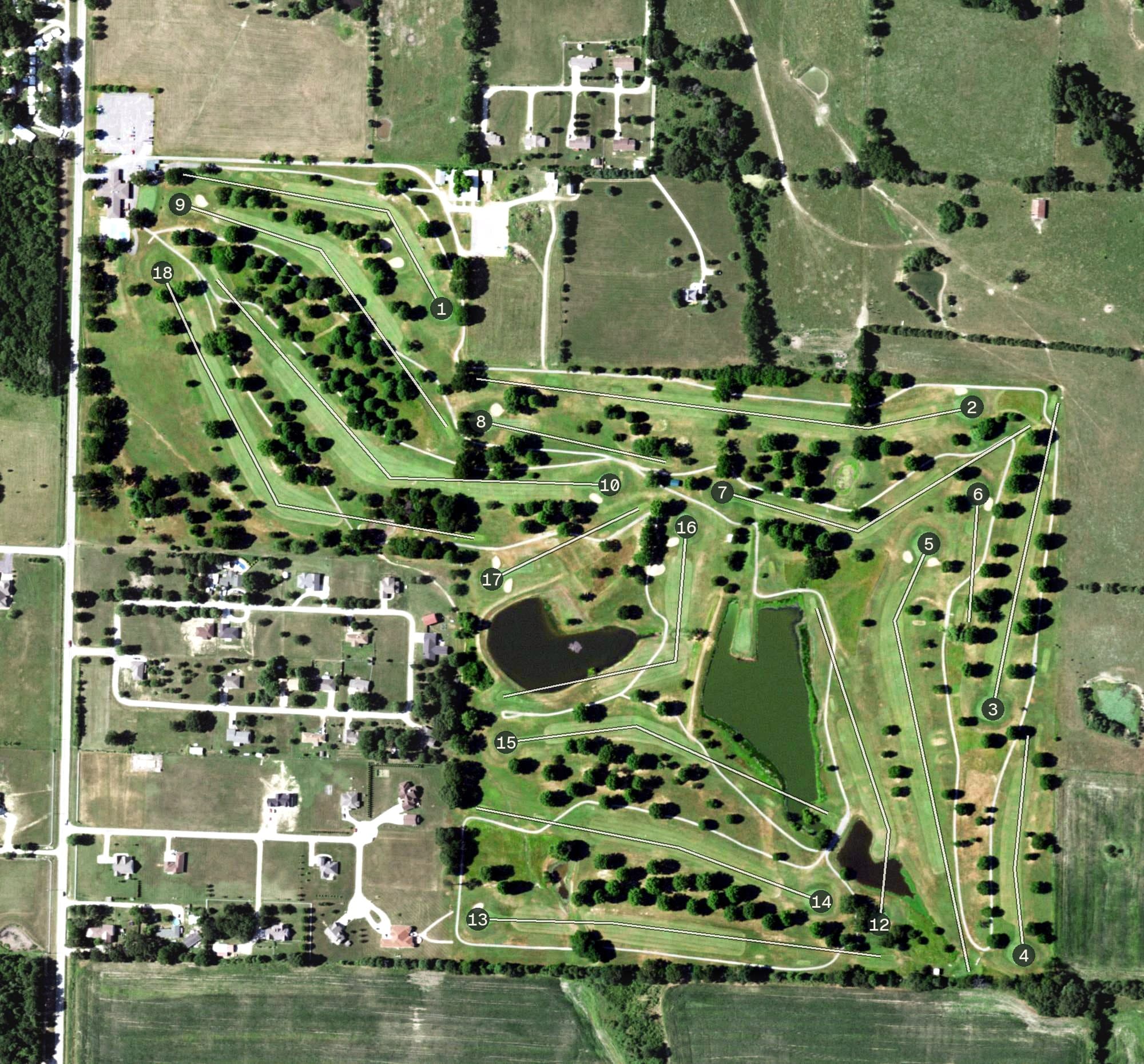 Aerial view of Cassville Golf Club, MO, with its hole routing marked