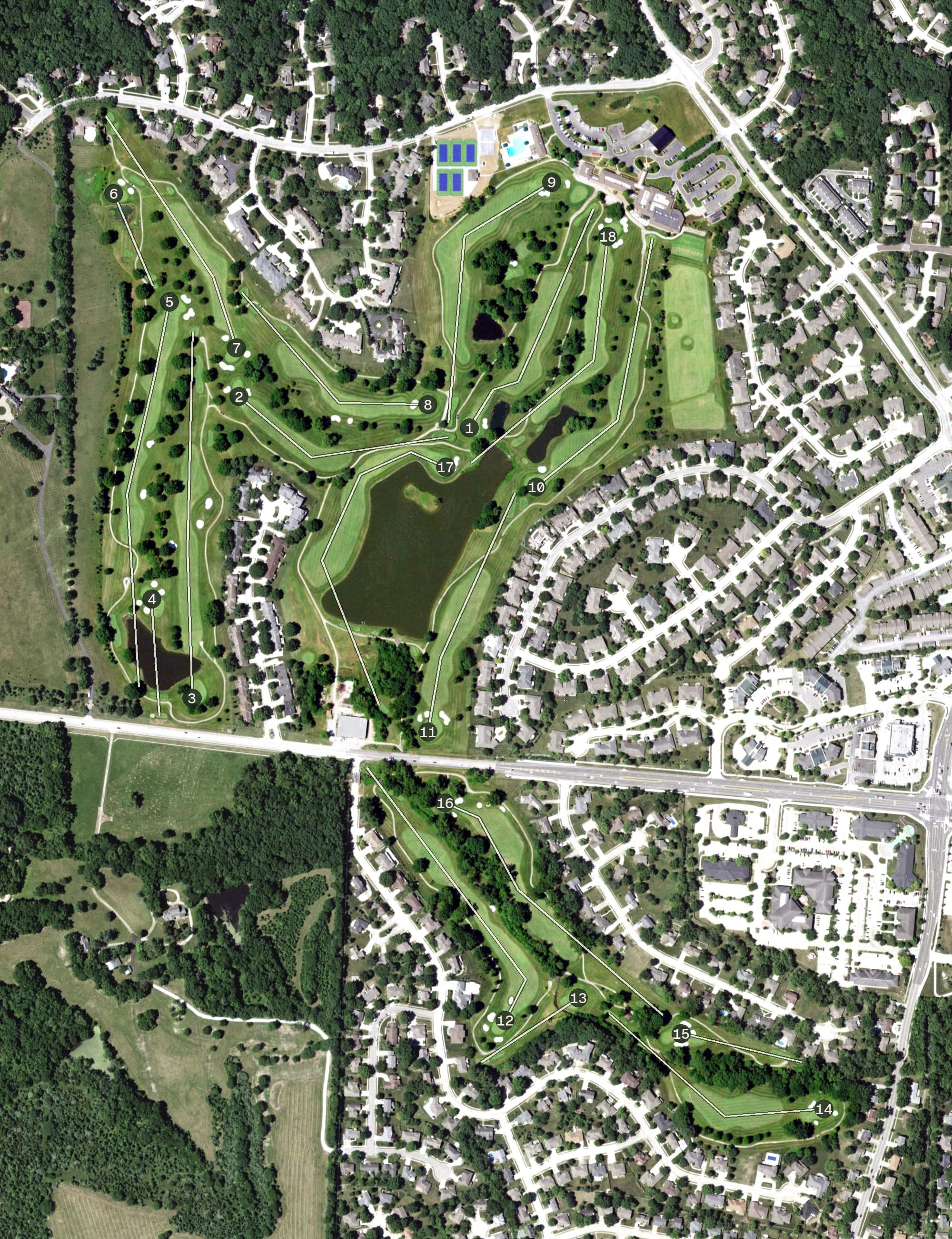 Aerial view of Country Club of Missouri, MO, with its hole routing marked