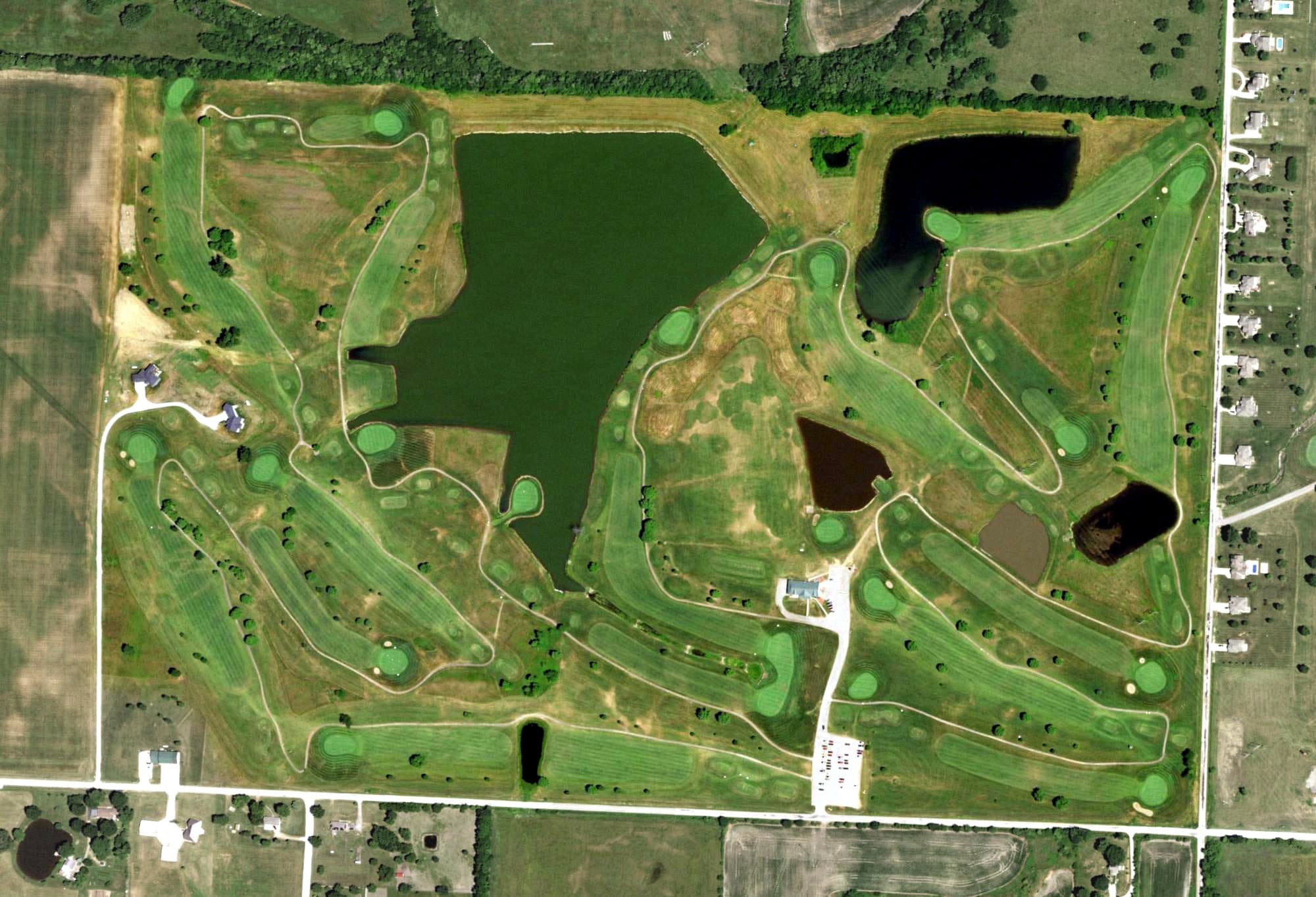 Aerial view of Country Creek Golf Club - Hoot's Hollow, MO, with its hole routing marked