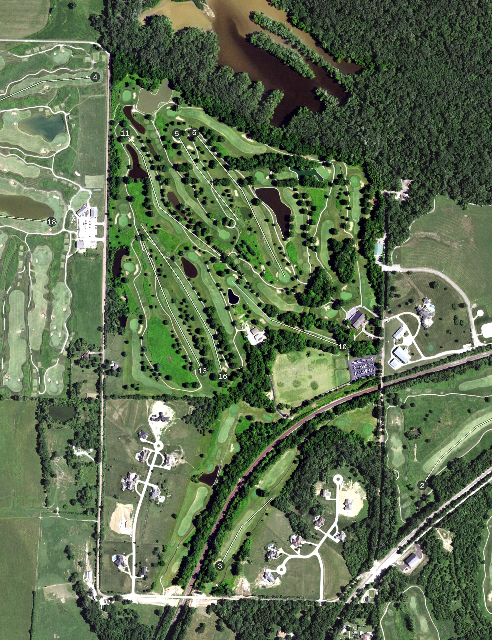 Aerial view of Crescent Farms Golf Club, MO, with its hole routing marked