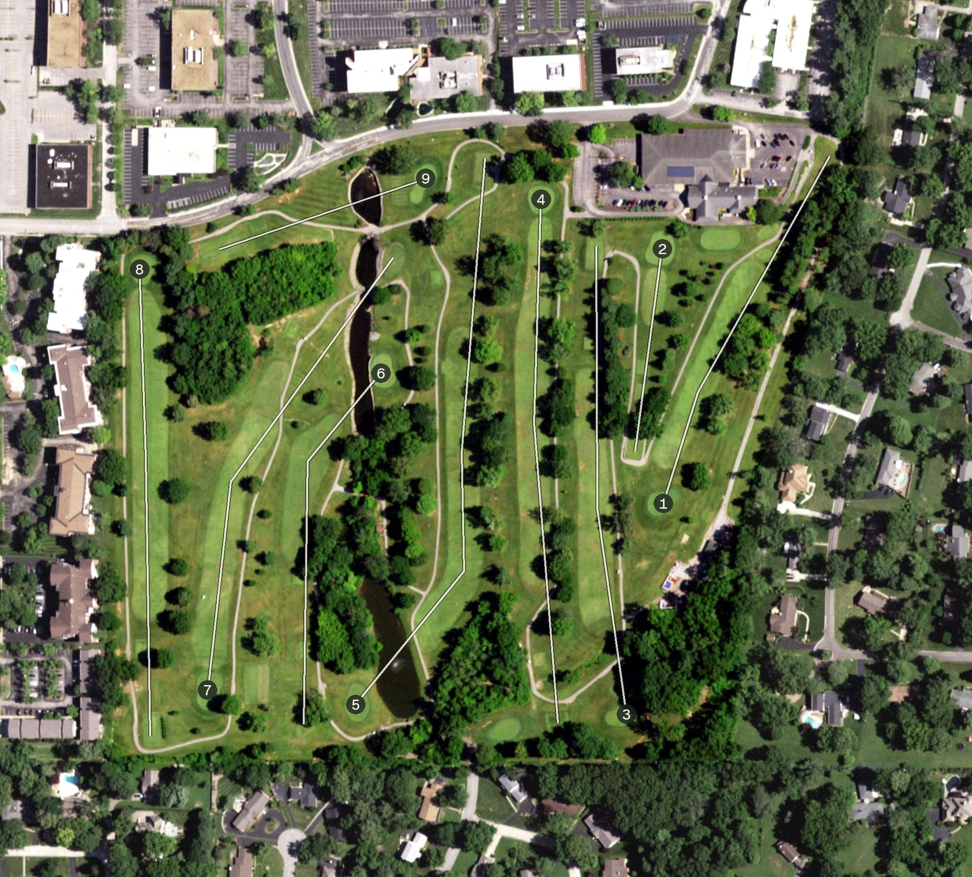 Aerial view of Creve Coeur Golf Course, MO, with its hole routing marked