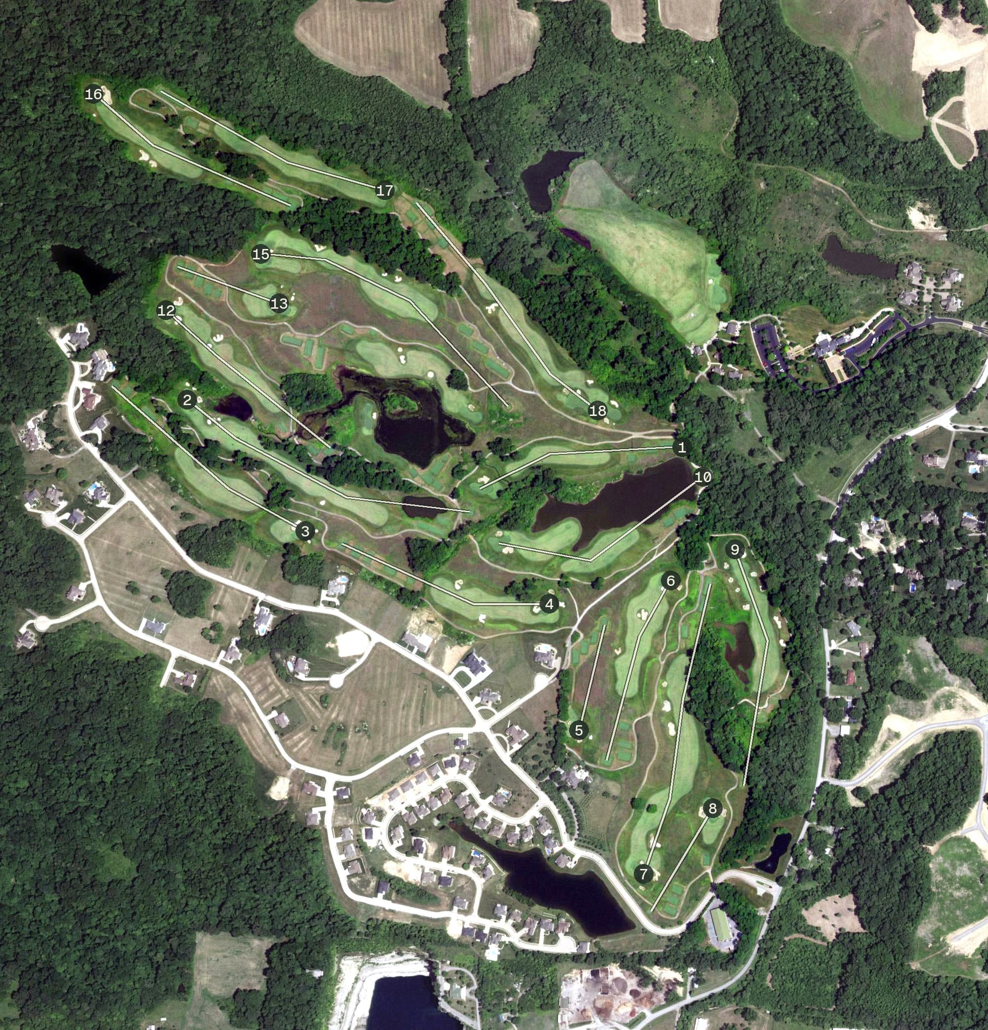 Aerial view of Dalhousie Golf Club, MO, with its hole routing marked