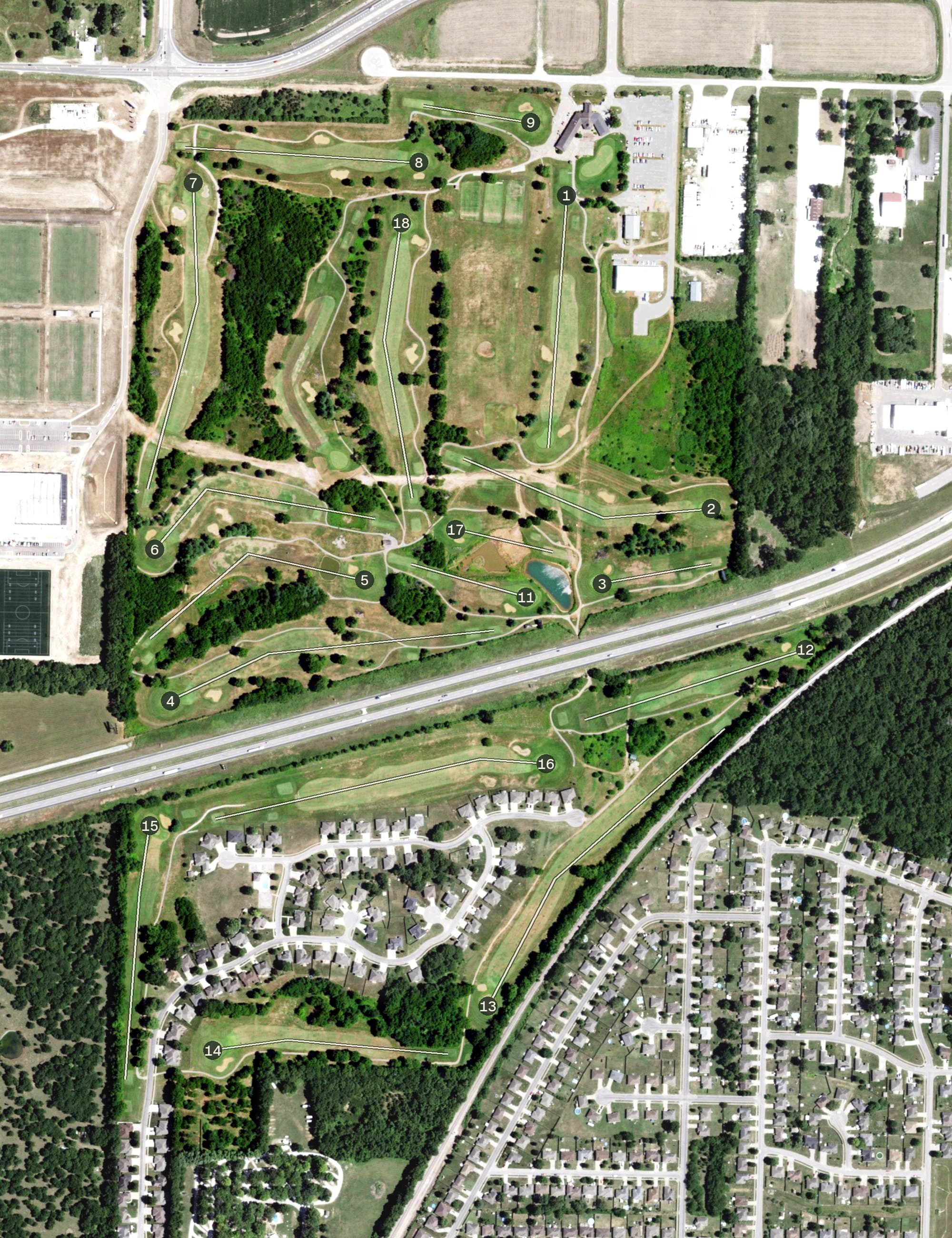 Aerial view of Deer Lake Golf Course, MO, with its hole routing marked
