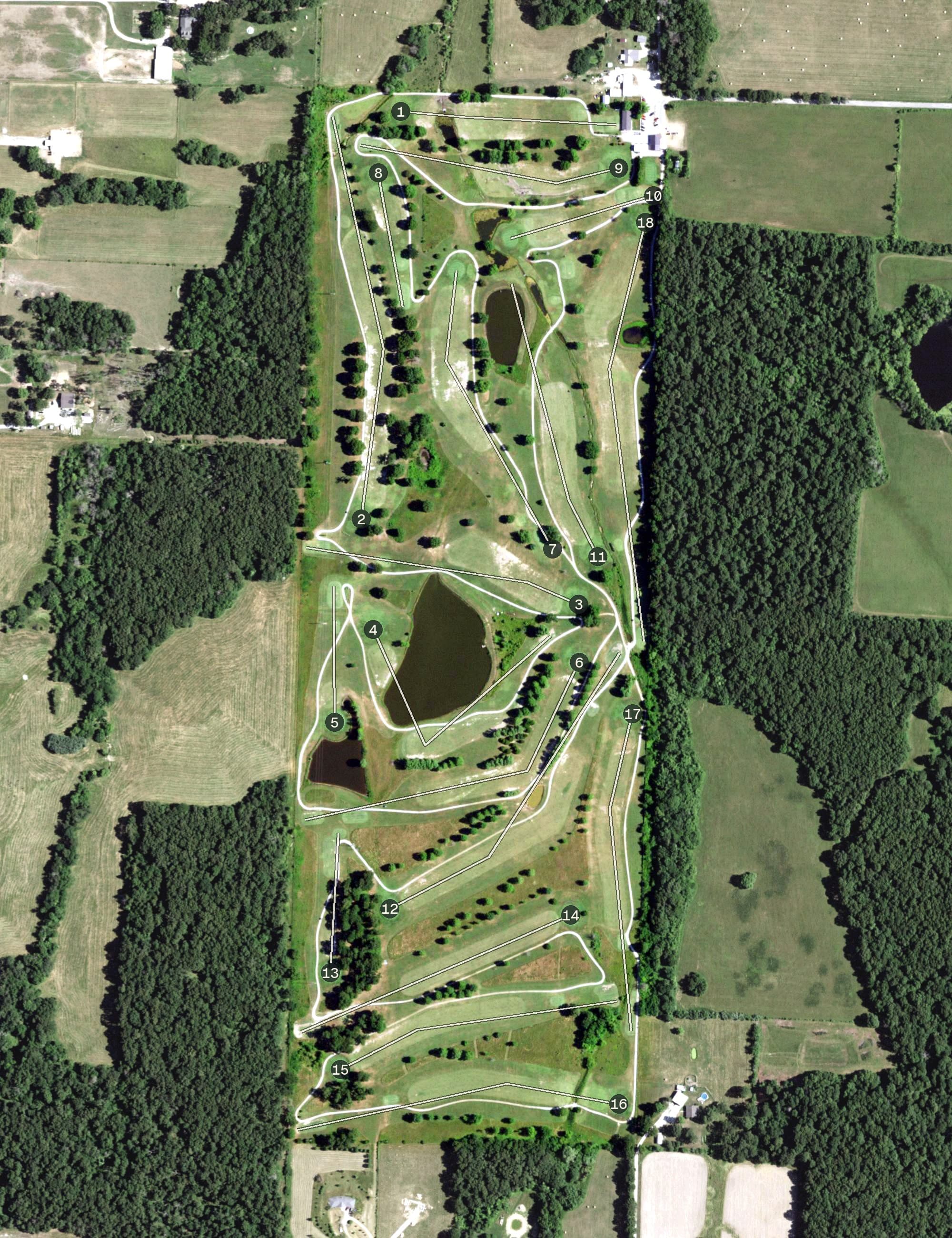 Aerial view of Dream Valley Golf Course, MO, with its hole routing marked
