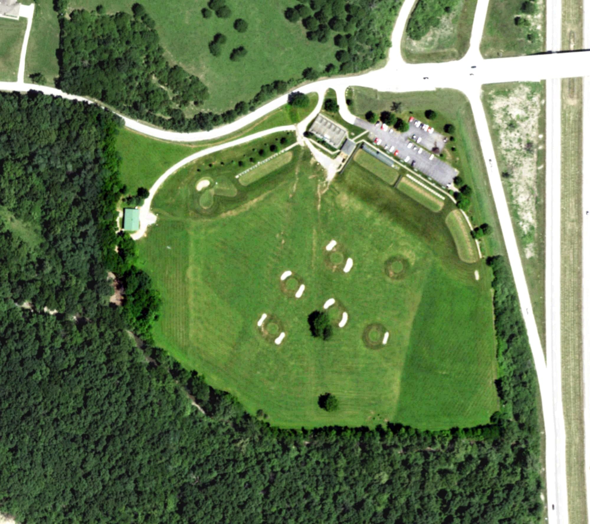 Aerial view of Driving Range, MO, with its hole routing marked