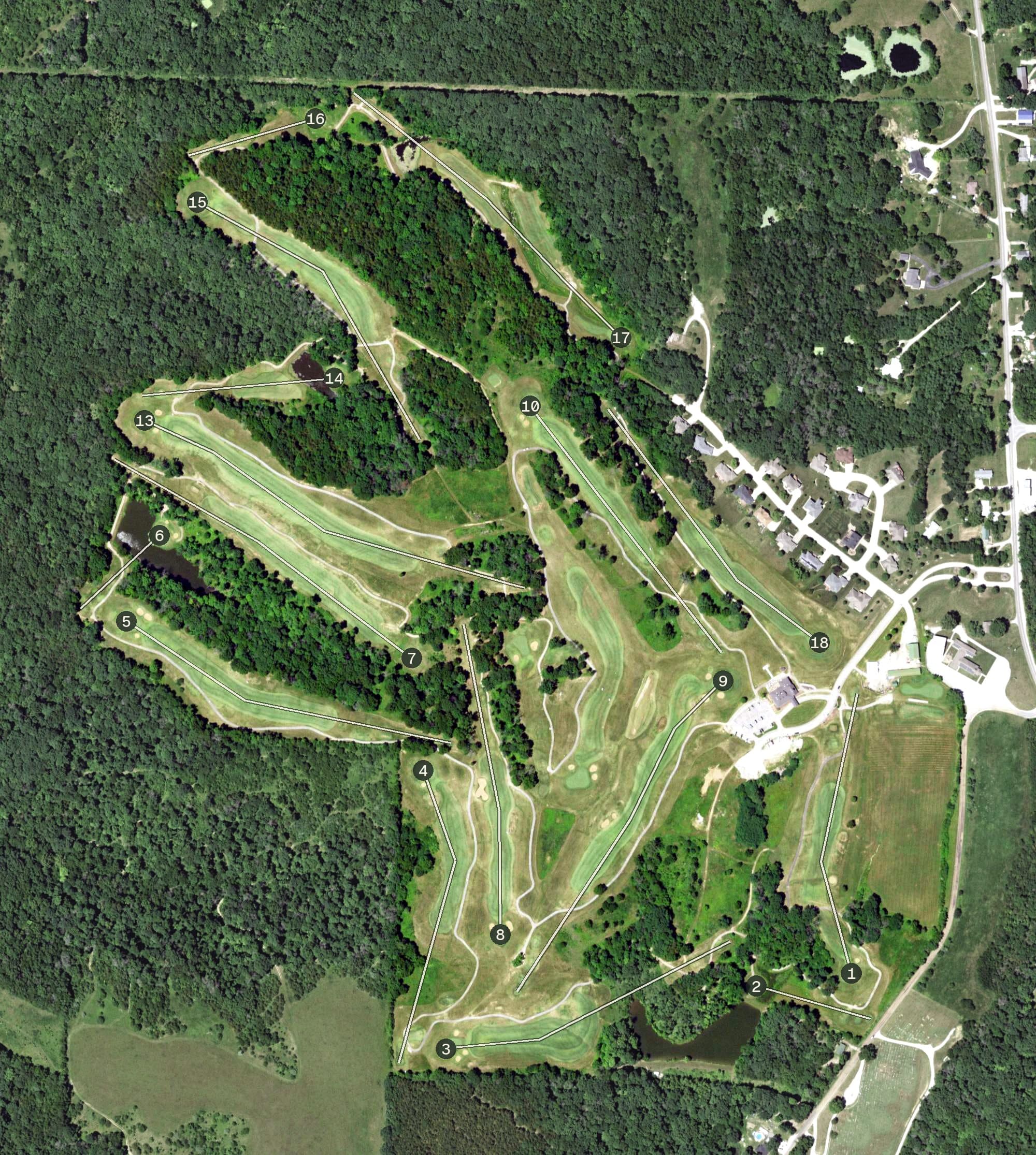Aerial view of Eagle Knoll Golf Club, MO, with its hole routing marked