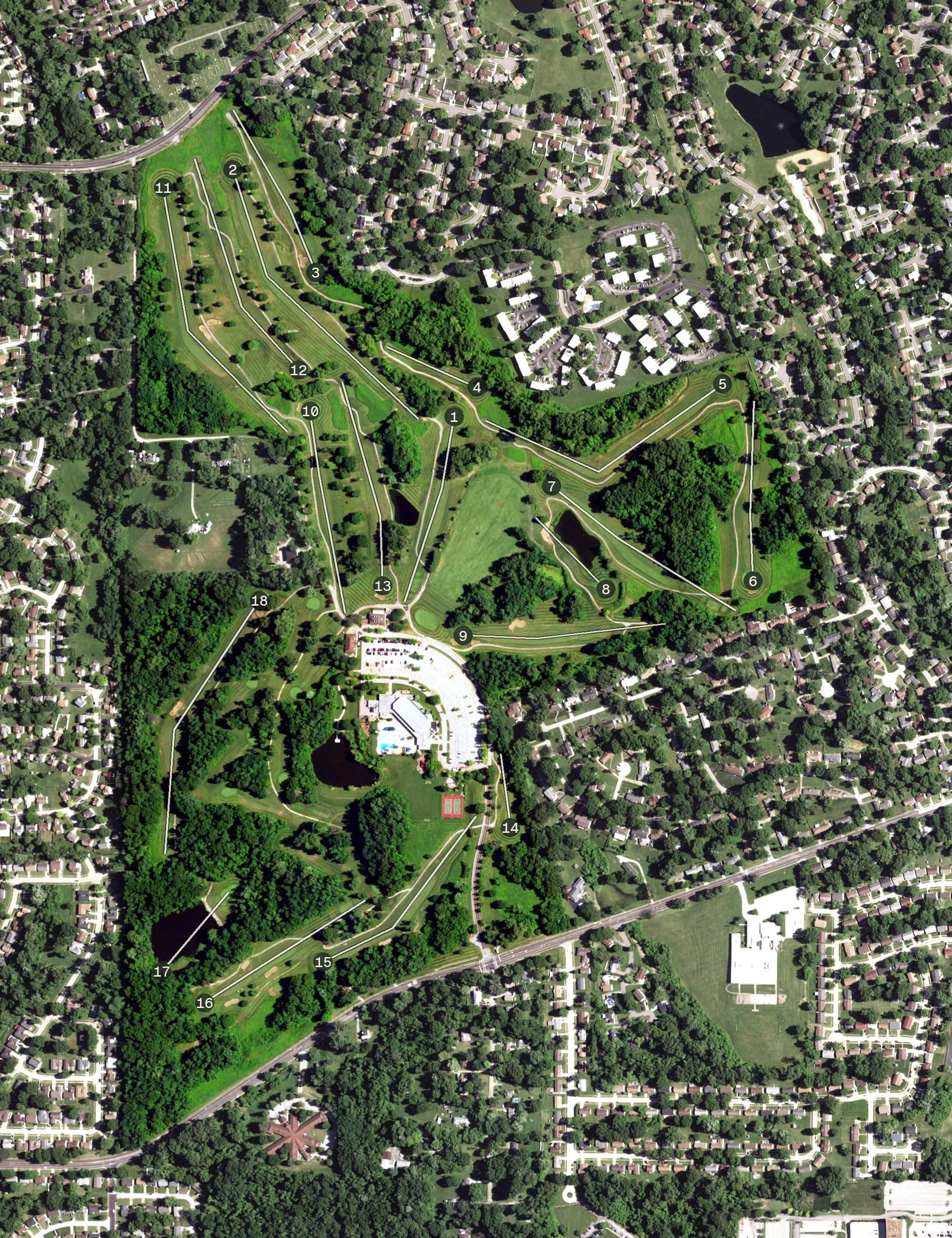 Aerial view of Eagle Springs Golf Course, MO, with its hole routing marked