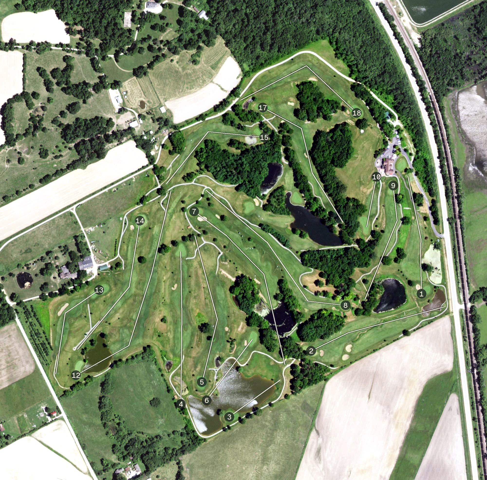 Aerial view of Eagles Bluff Golf Course, MO, with its hole routing marked