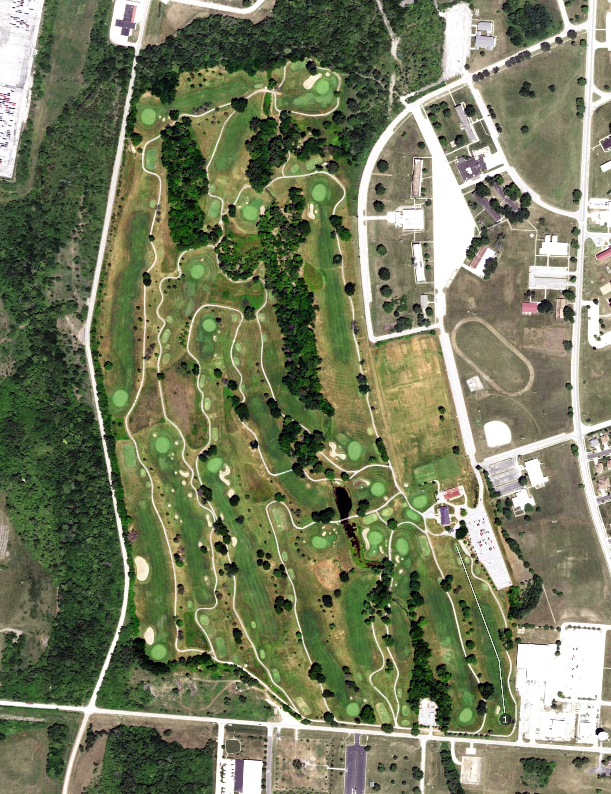 Aerial view of Eagles' Landing Golf Course, MO, with its hole routing marked