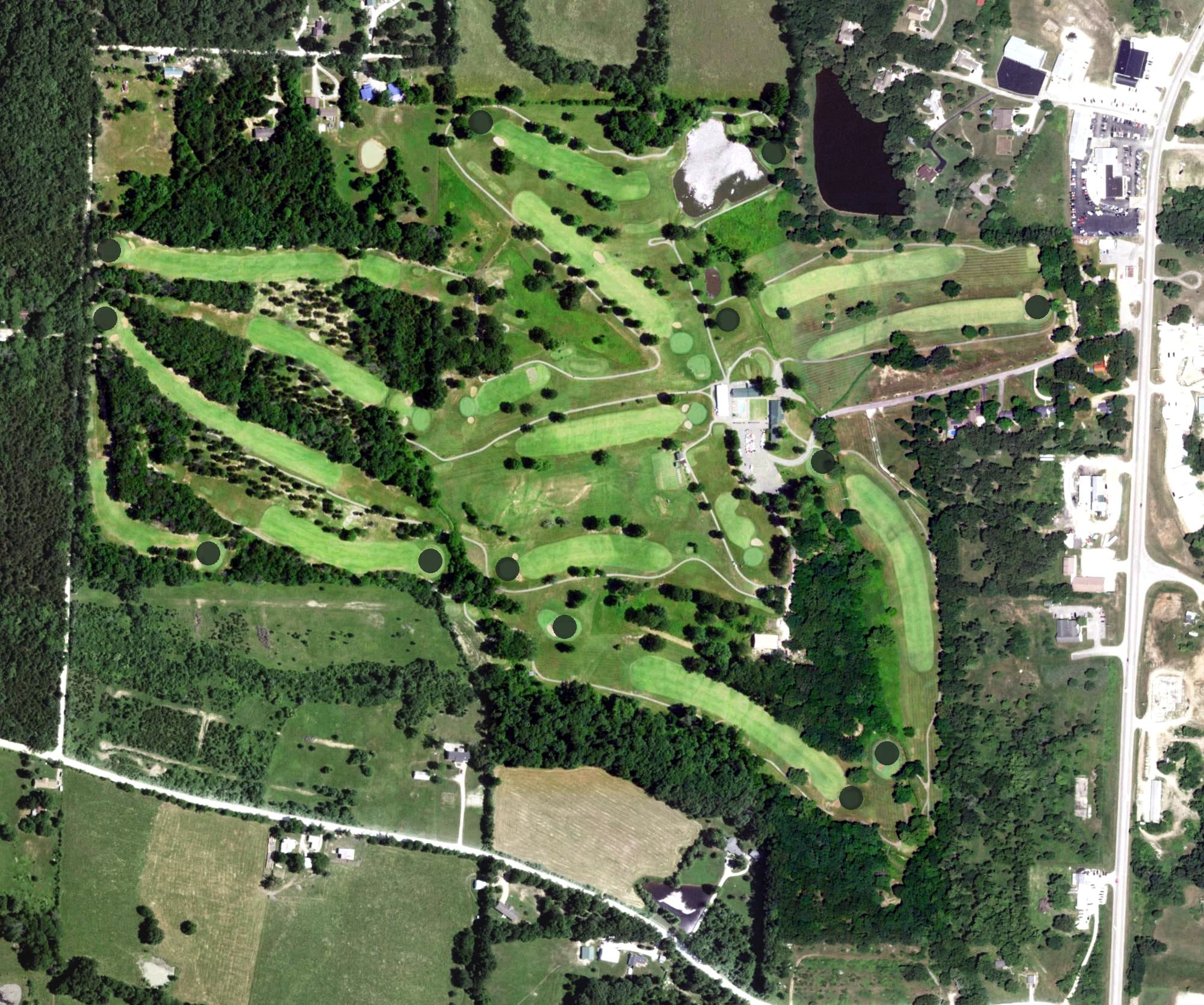 Aerial view of Eldon Golf Club, MO, with its hole routing marked