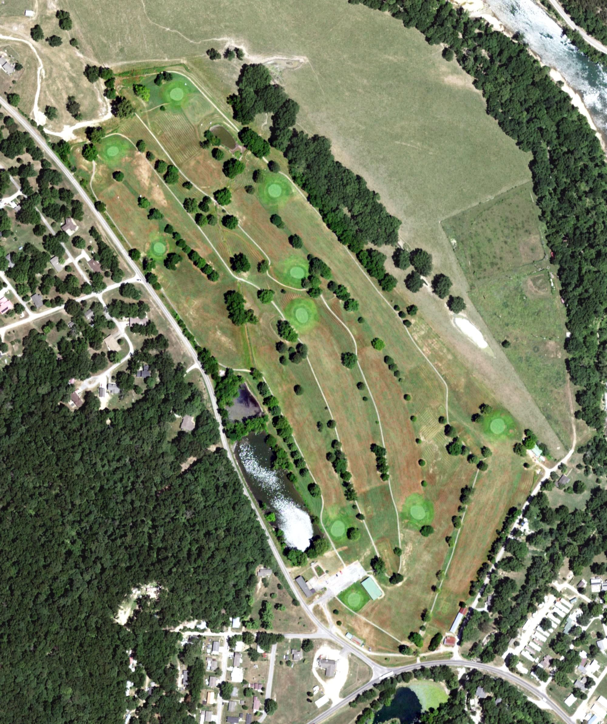 Aerial view of Elk River Golf Course, MO, with its hole routing marked