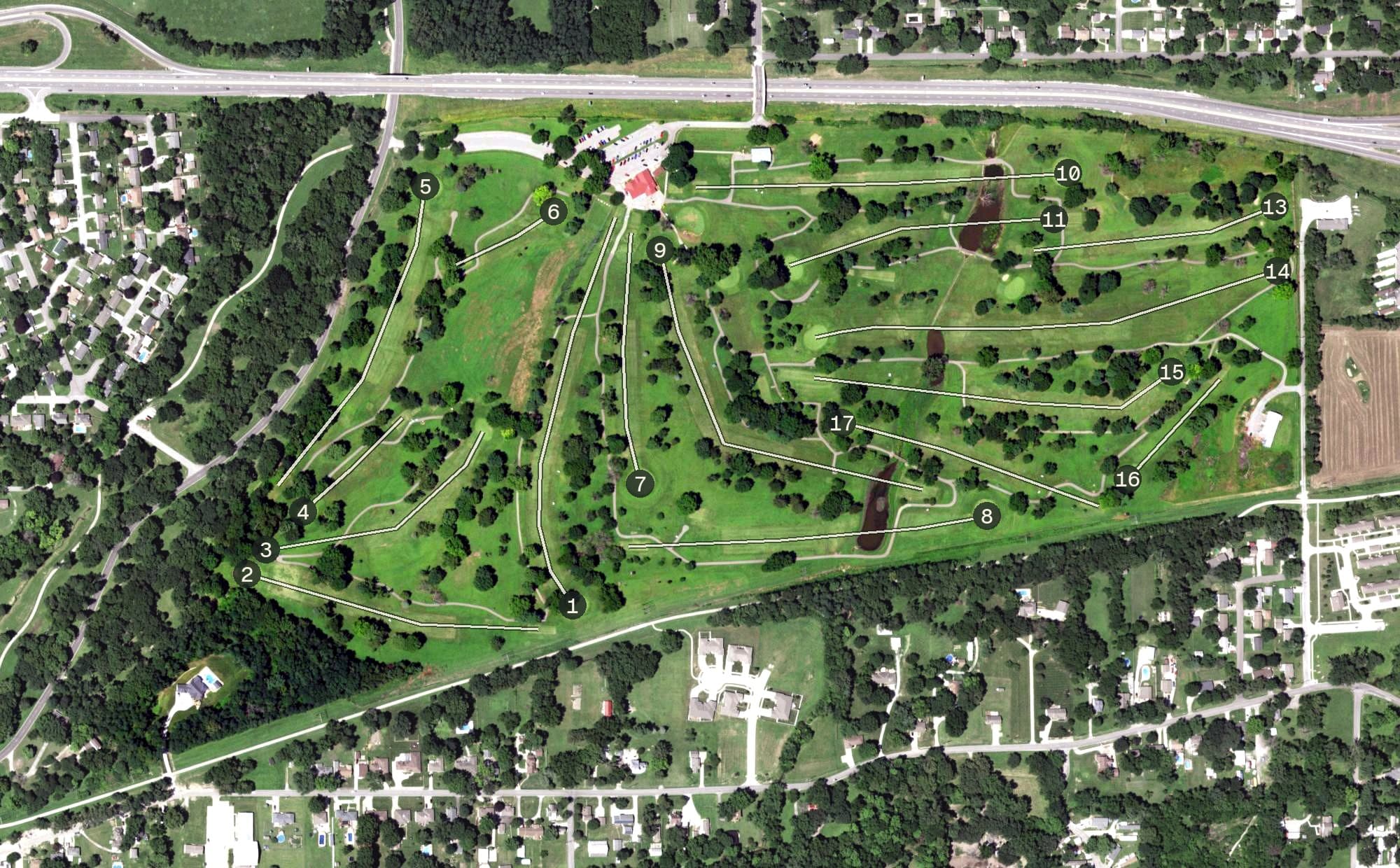 Aerial view of Fairview Golf Course, MO, with its hole routing marked