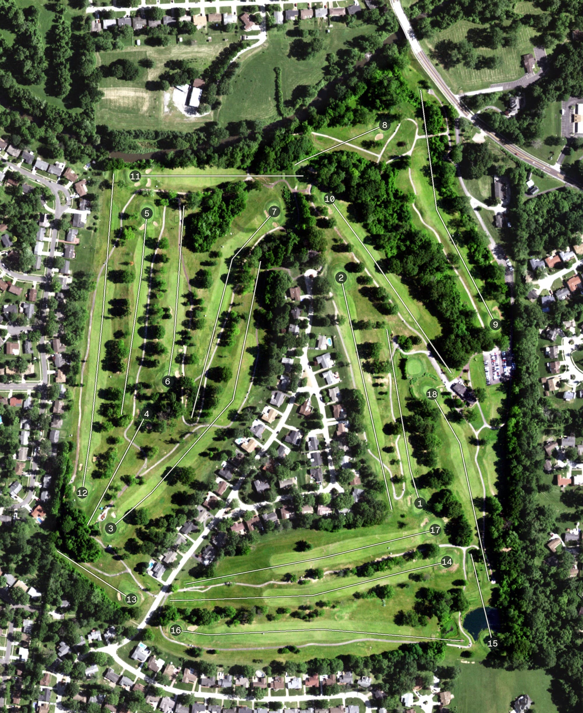 Aerial view of Florissant Golf Club, MO, with its hole routing marked