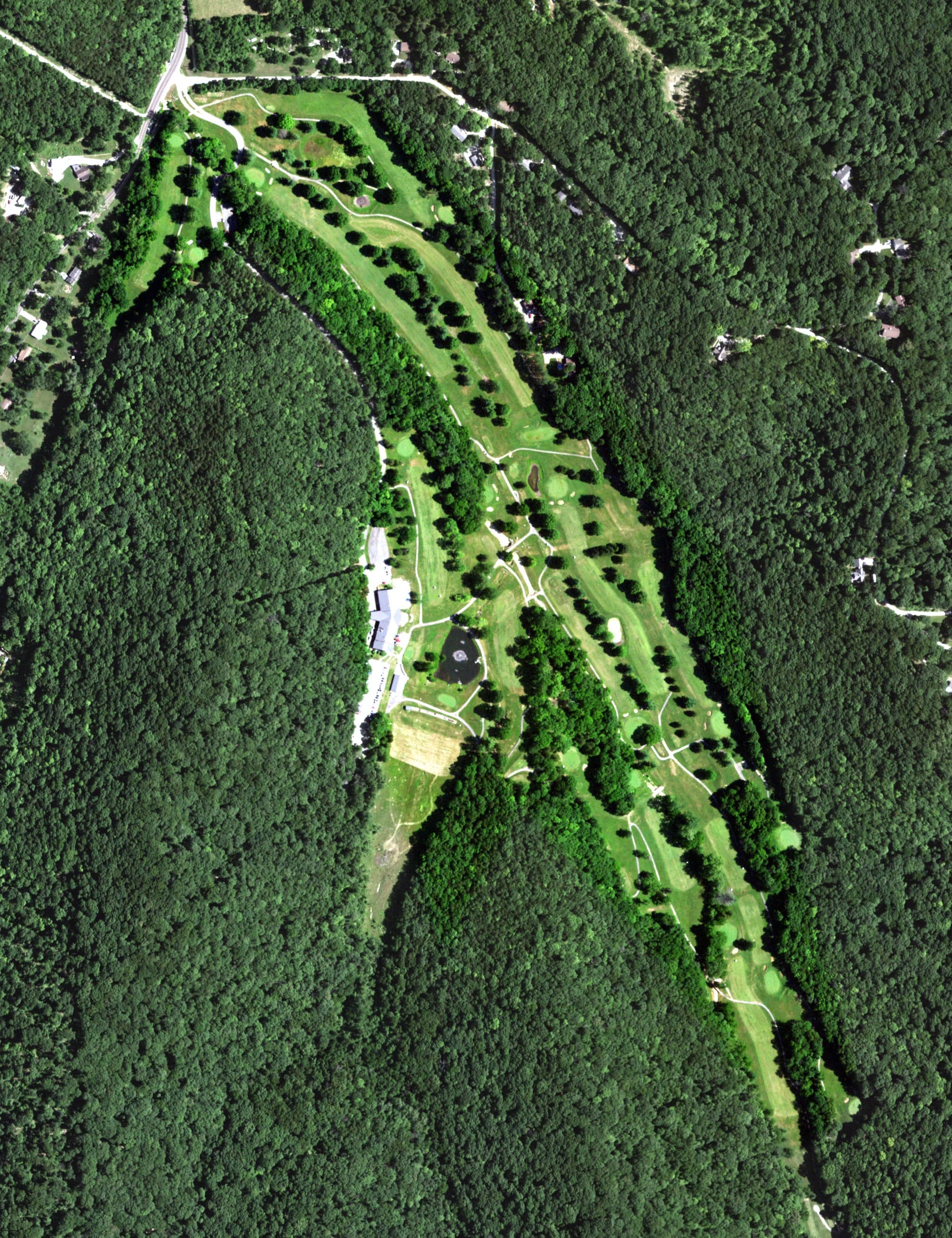 Aerial view of Fore Honor Golf Course, MO, with its hole routing marked