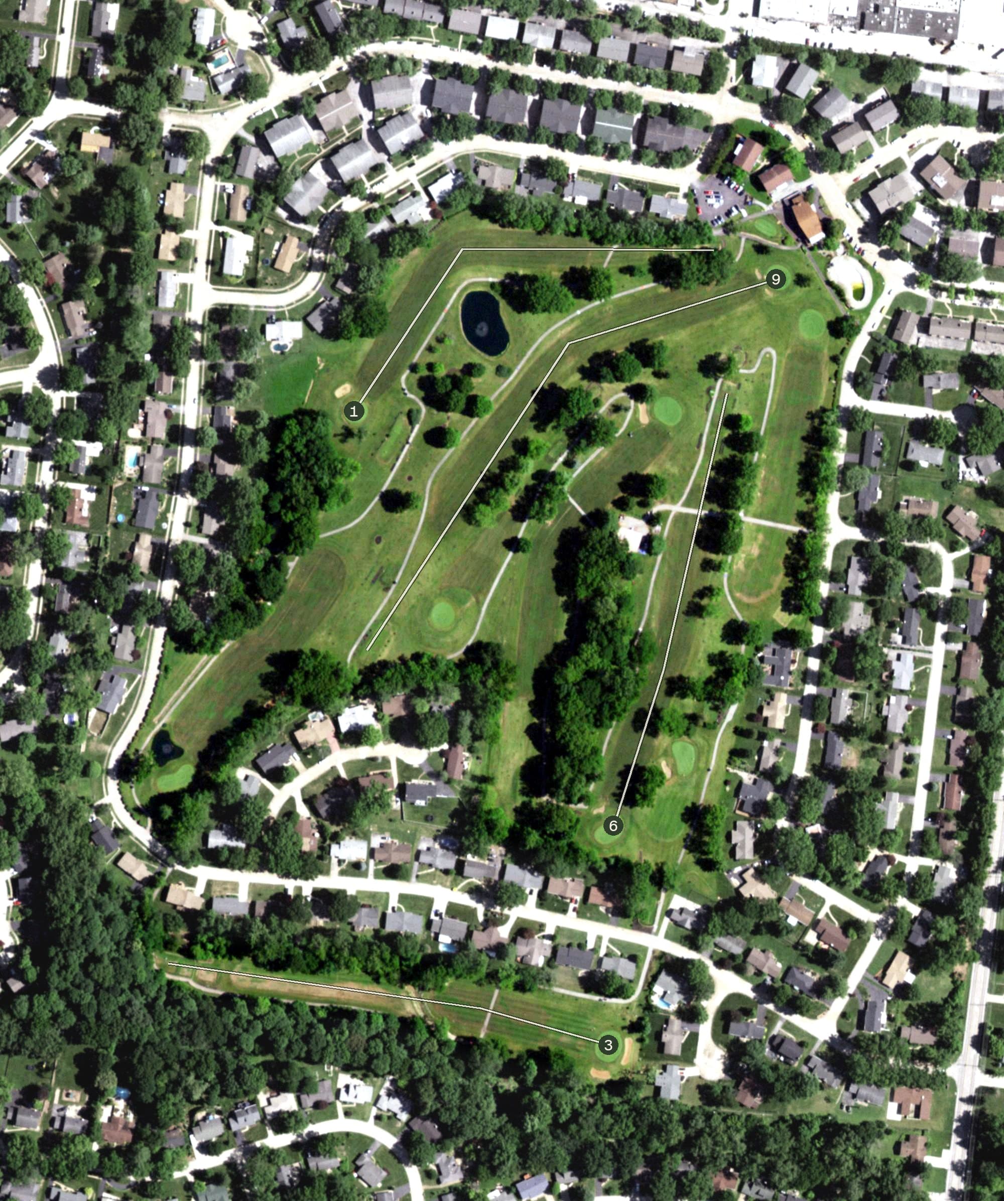 Aerial view of Four Seasons Country Club, MO, with its hole routing marked