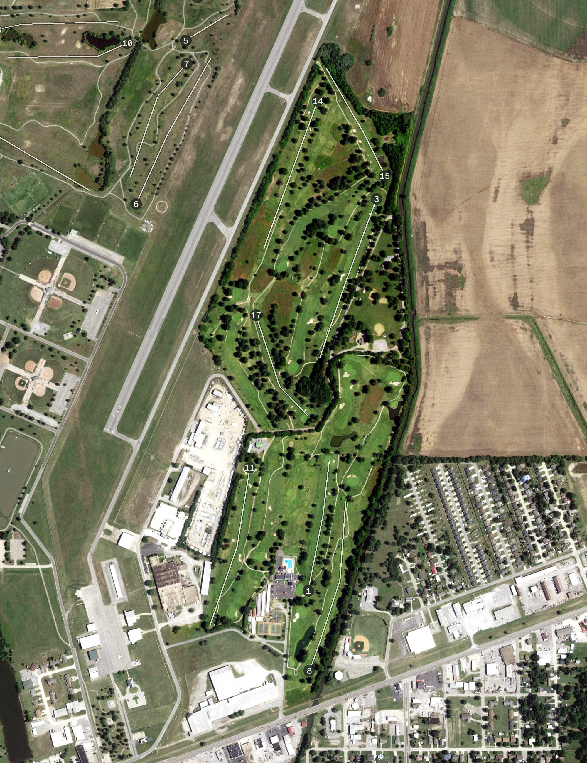 Aerial view of Fox Haven Country Club, MO, with its hole routing marked
