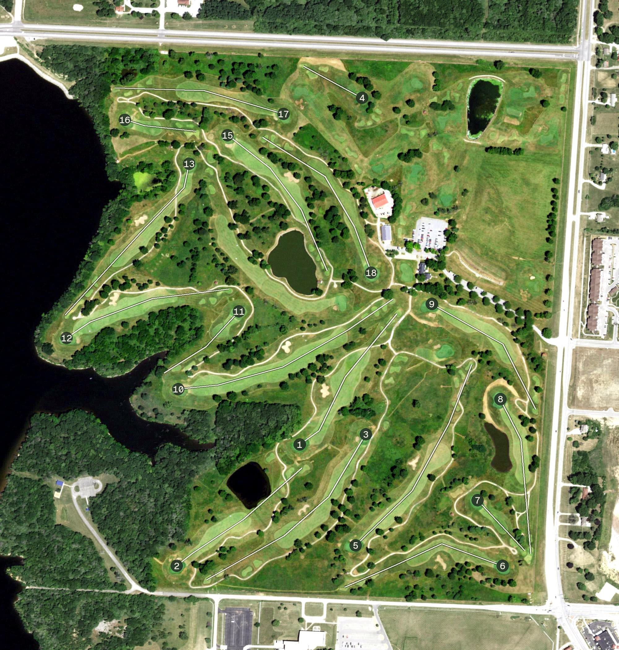 Aerial view of Fred Arbanas Golf Course, MO, with its hole routing marked