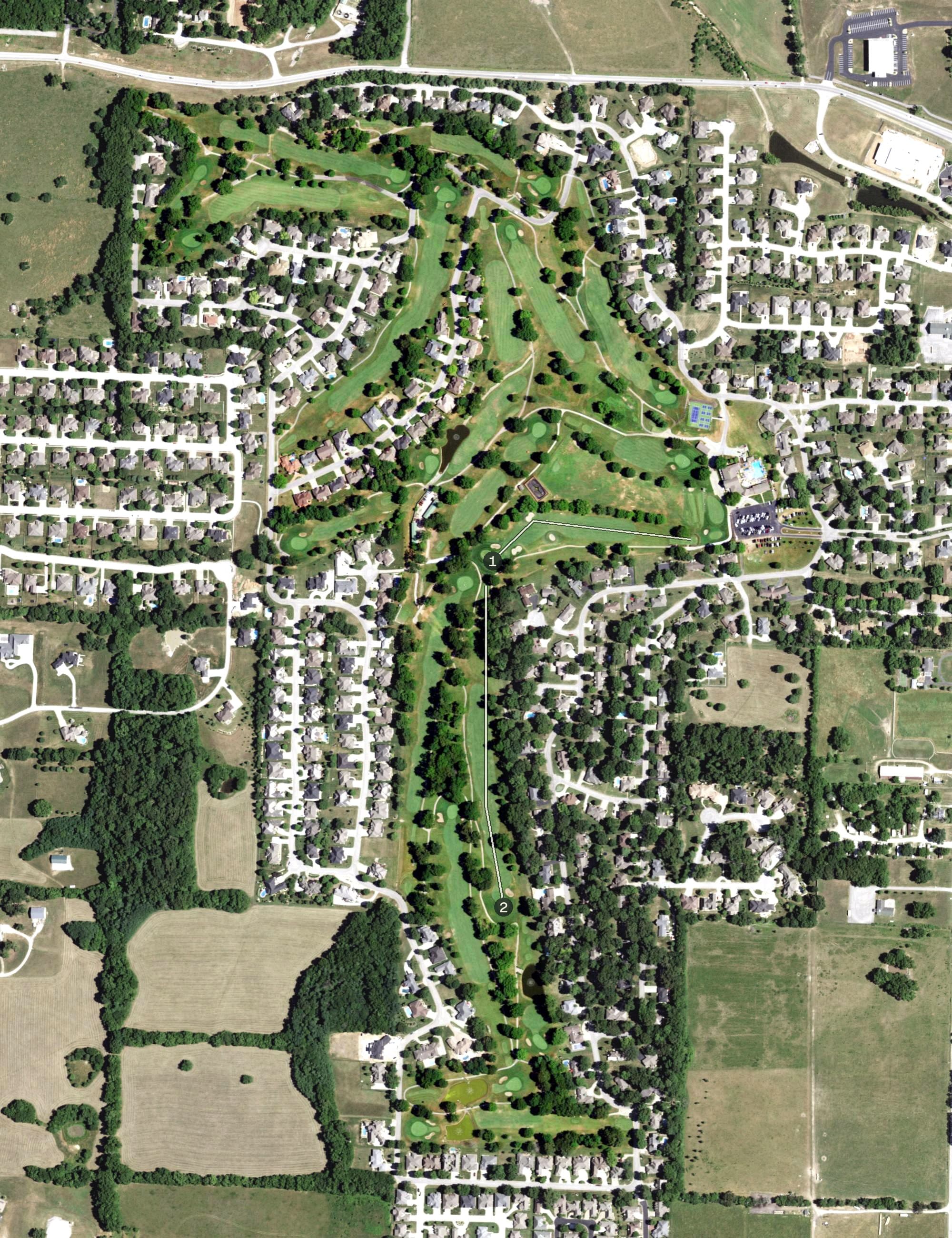 Aerial view of Fremont Hills Country Club, MO, with its hole routing marked