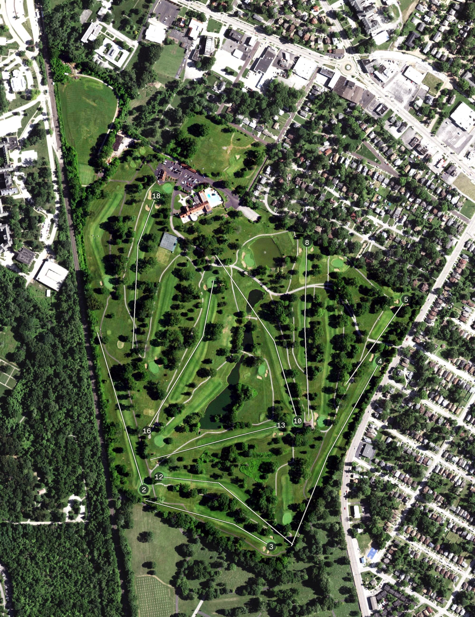 Aerial view of Glen Echo Country Club, MO, with its hole routing marked