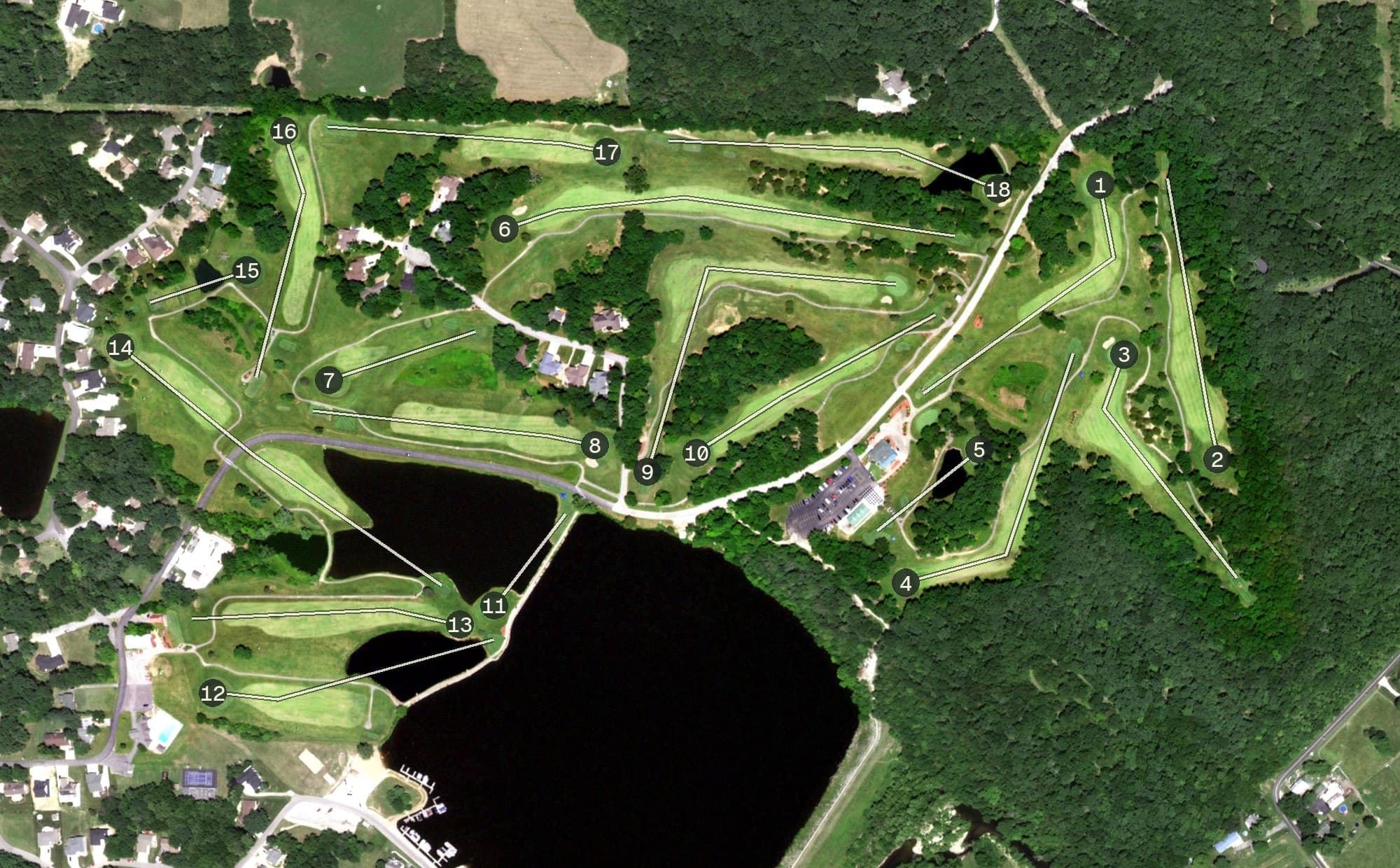 Aerial view of Golf Club of Incline Village, MO, with its hole routing marked