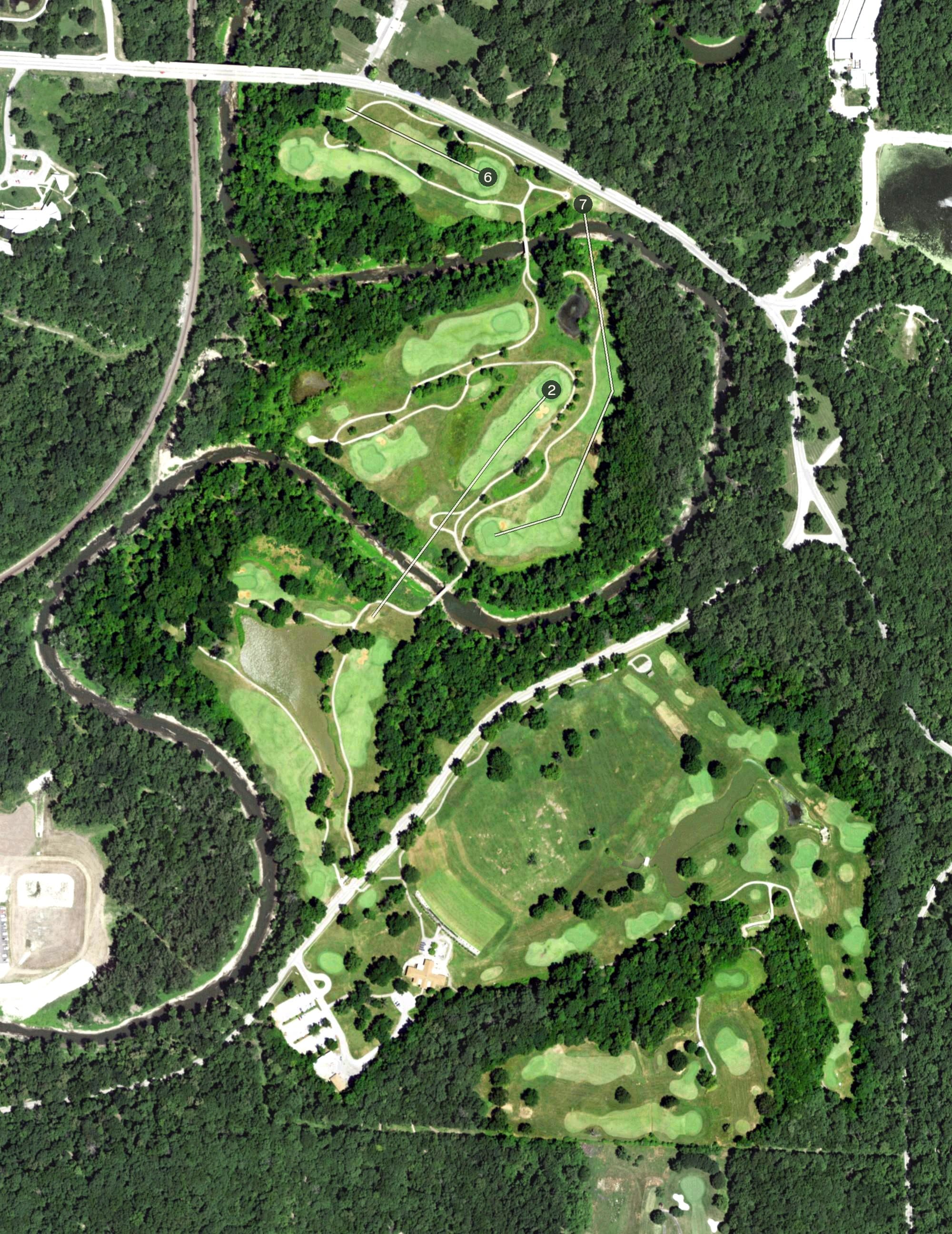 Aerial view of Heart of America Golf Course, MO, with its hole routing marked