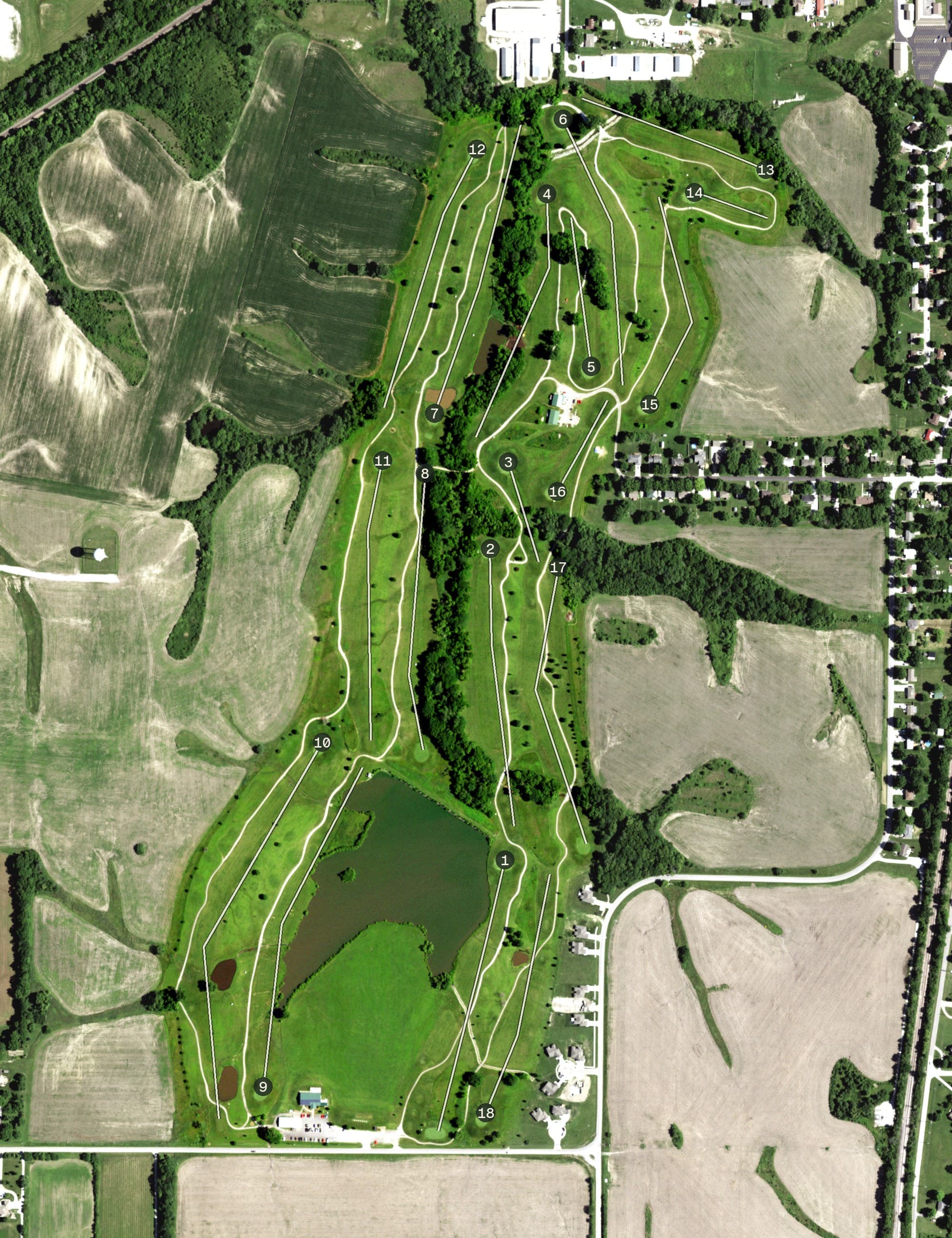 Aerial view of Hidden Valley Golf Course, MO, with its hole routing marked