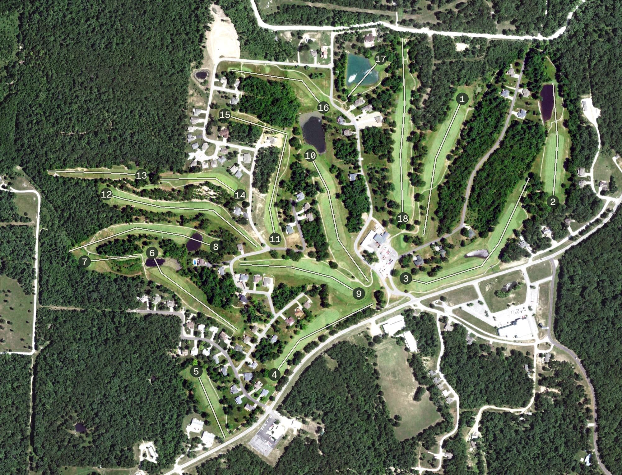 Aerial view of Indian Rock Golf Club, MO, with its hole routing marked