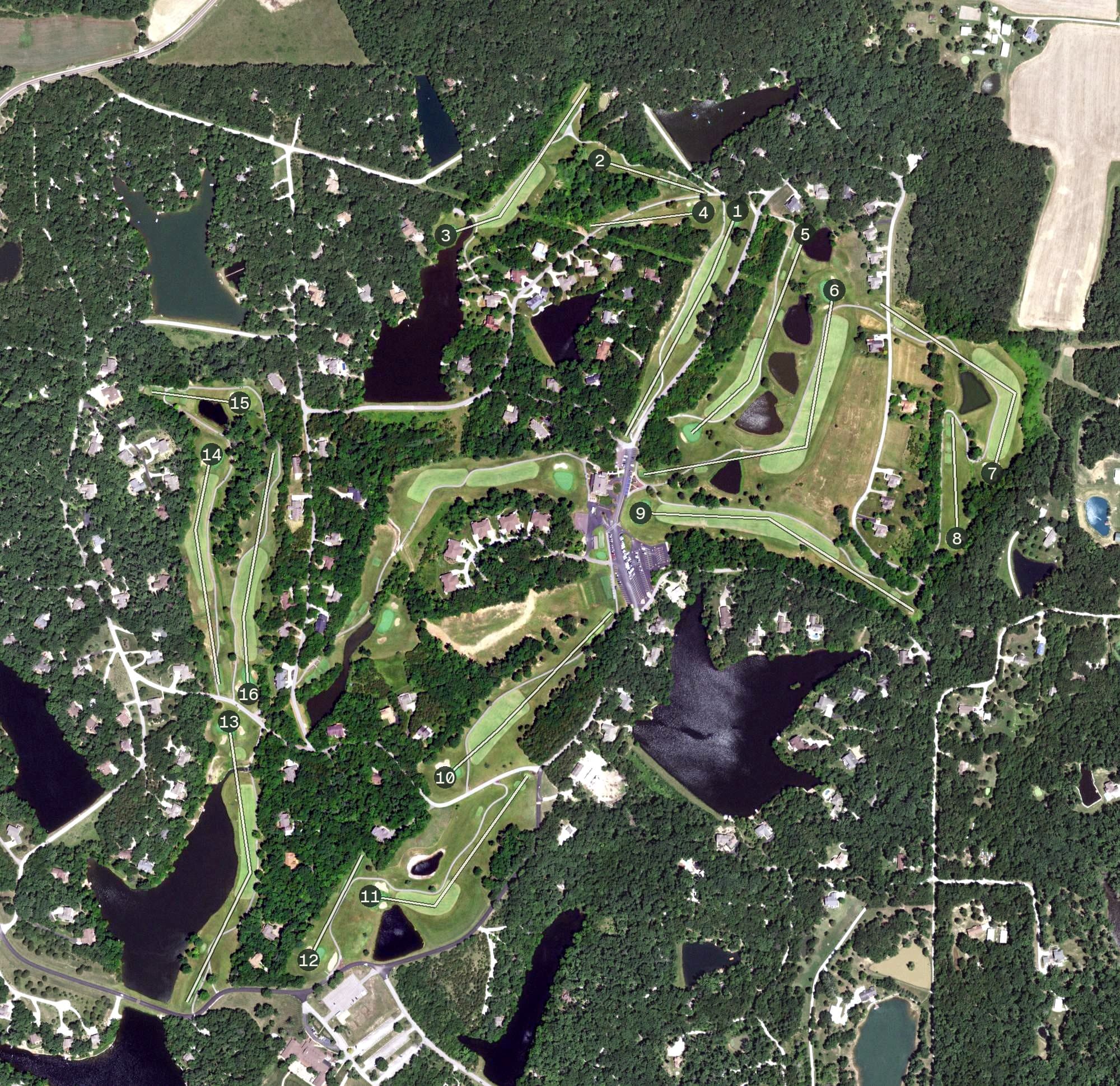Aerial view of Innsbrook Golf Course, MO, with its hole routing marked