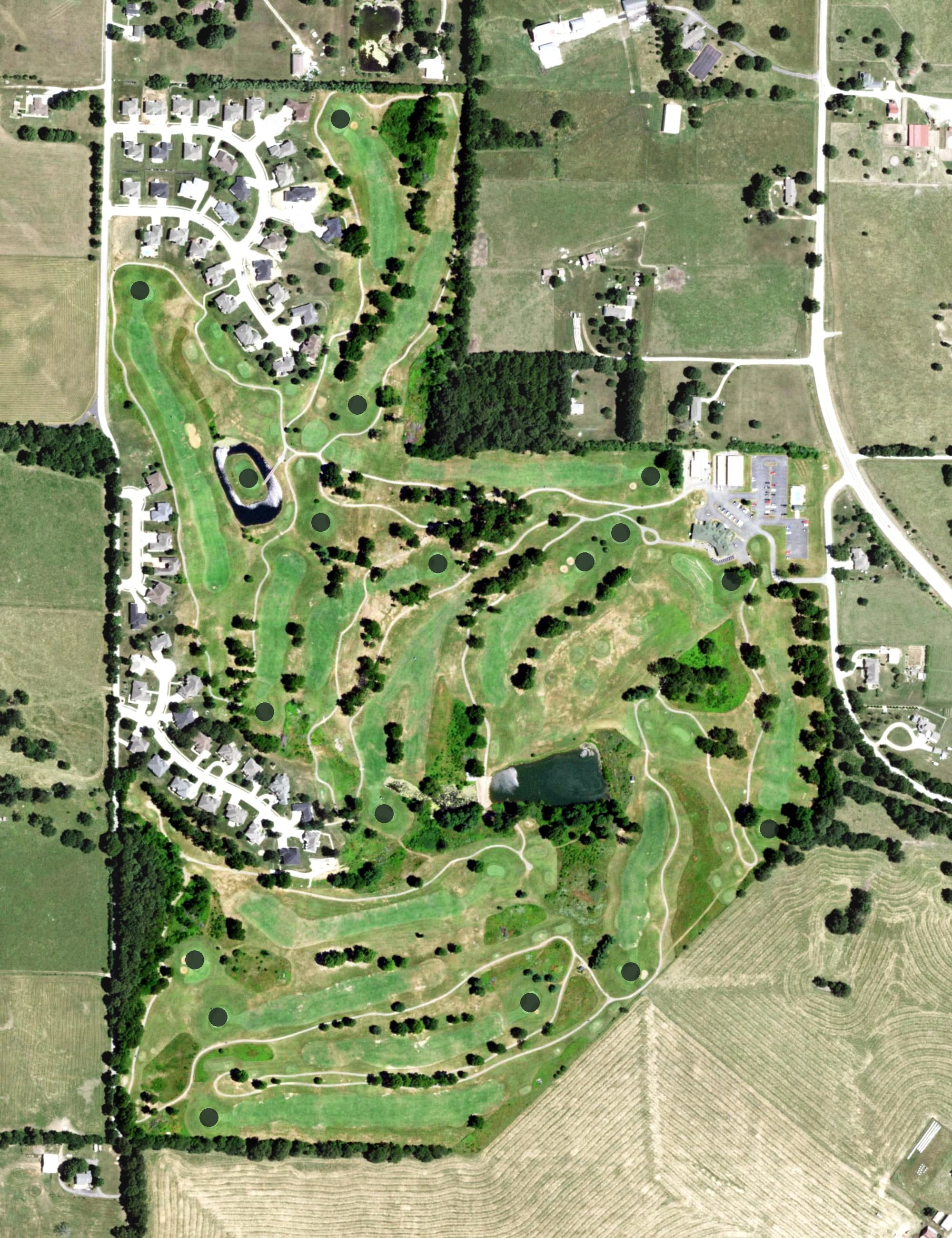 Aerial view of Island Green Golf Club, MO, with its hole routing marked