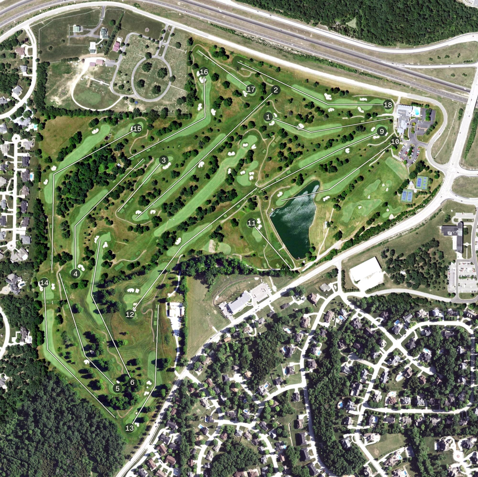Aerial view of Jefferson City Country Club, MO, with its hole routing marked