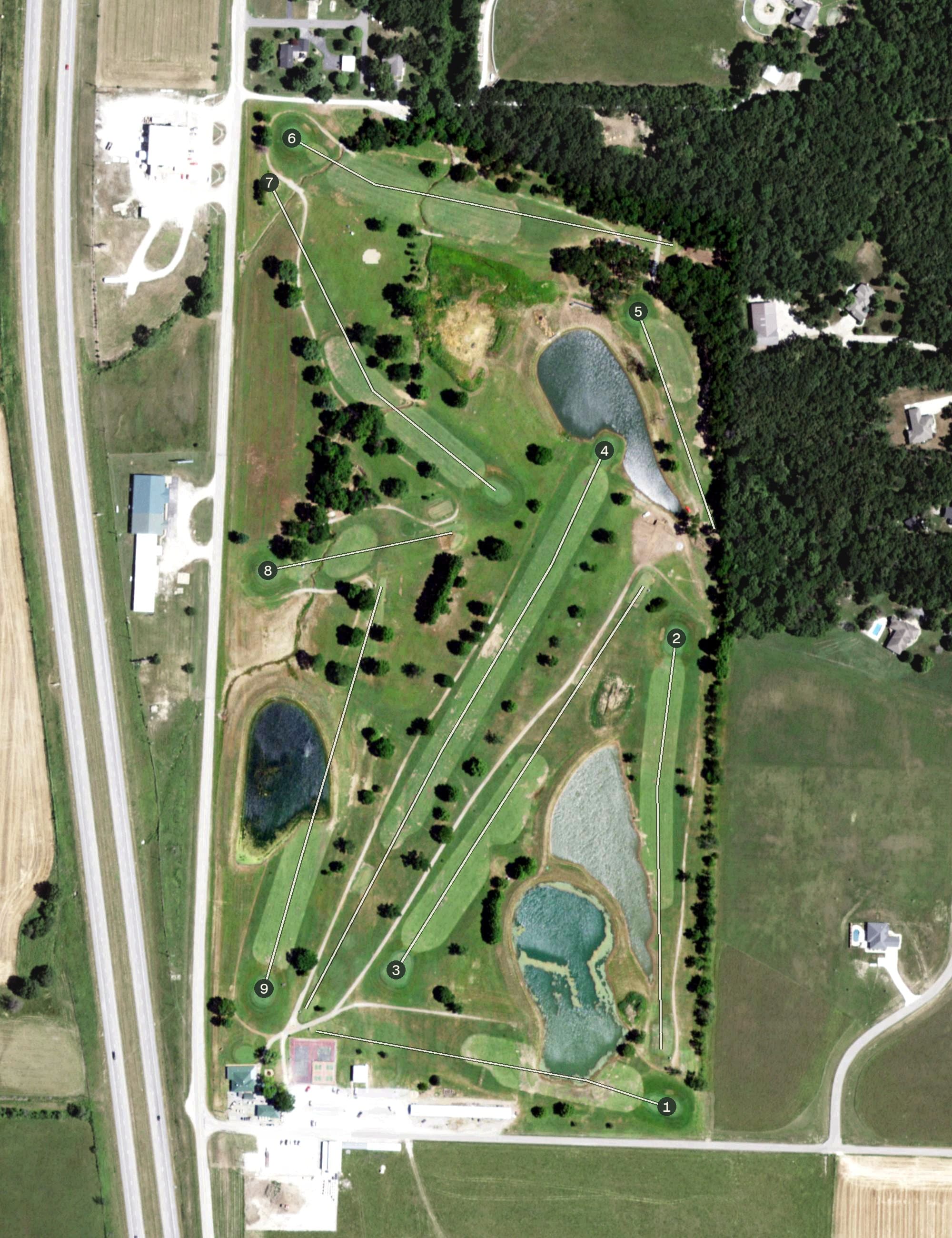Aerial view of Jeremy's Creek, MO, with its hole routing marked