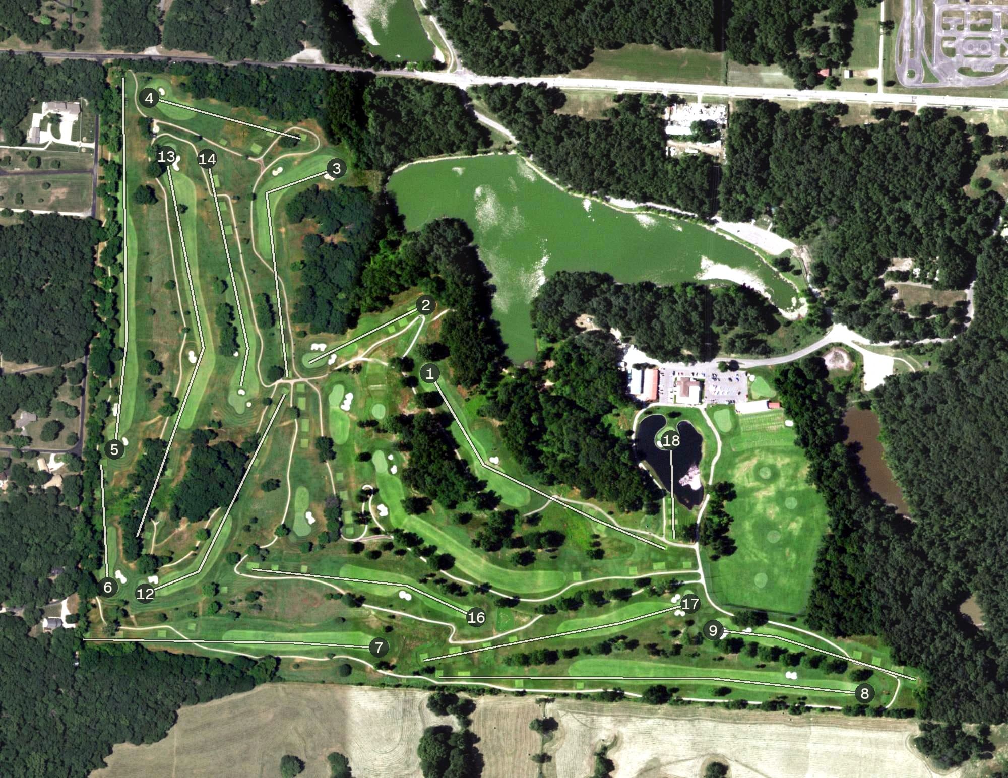 Aerial view of Keth Memorial Golf Course, MO, with its hole routing marked