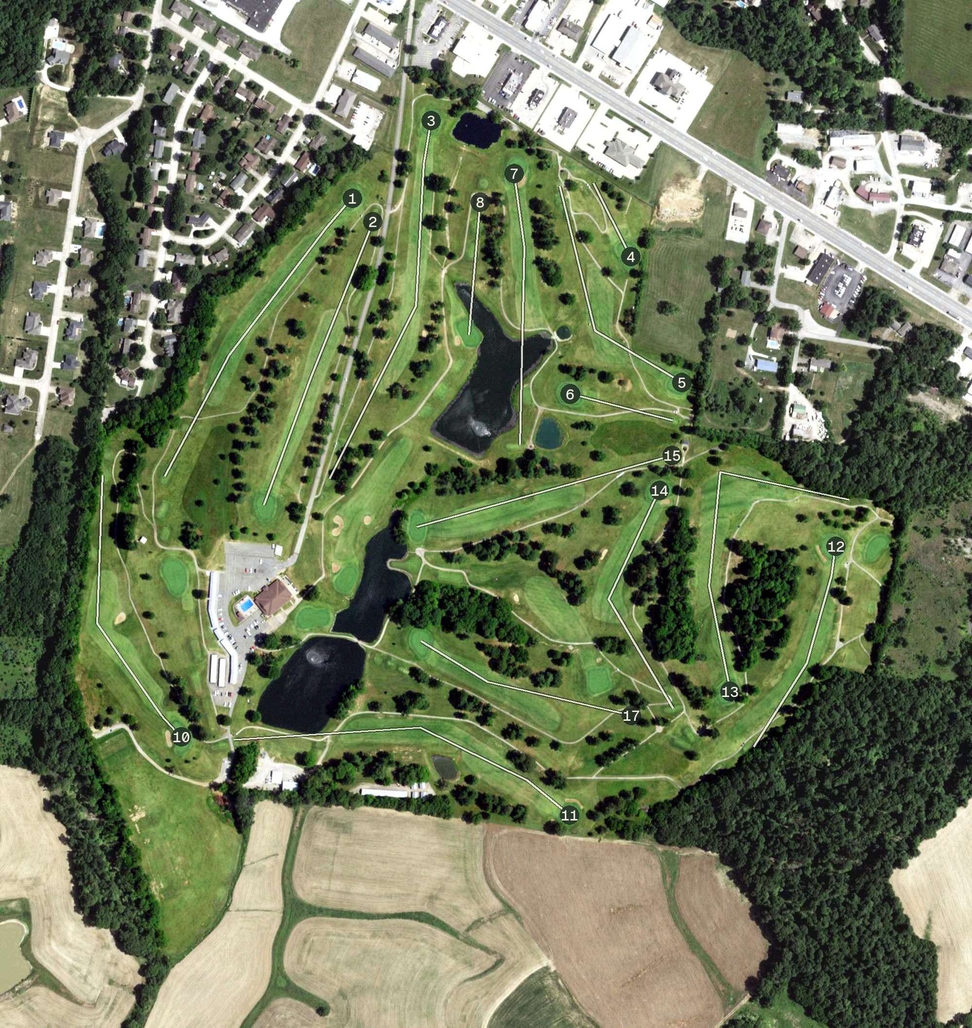 Aerial view of Kimbeland Country Club, MO, with its hole routing marked