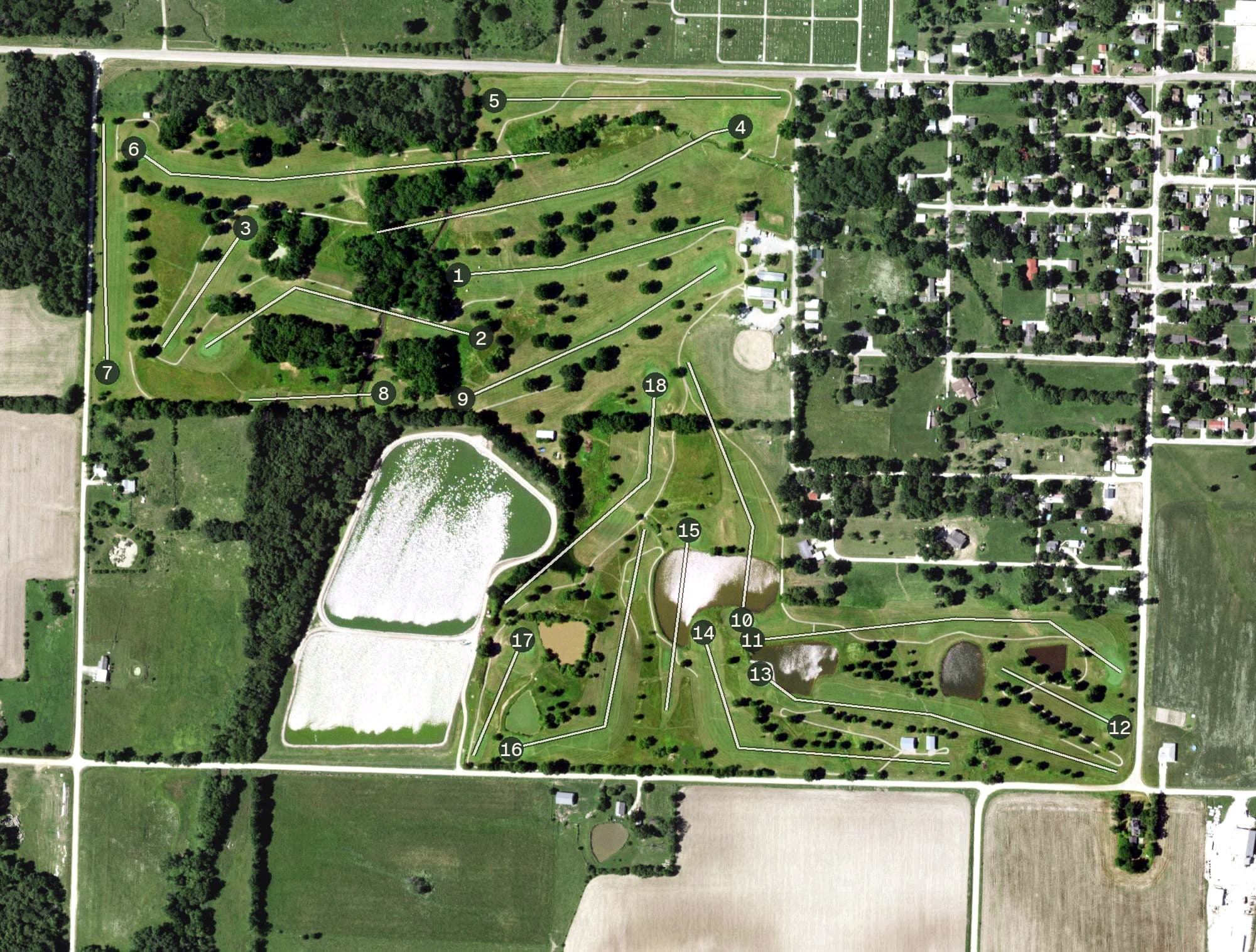 Aerial view of La Plata Golf Course, MO, with its hole routing marked