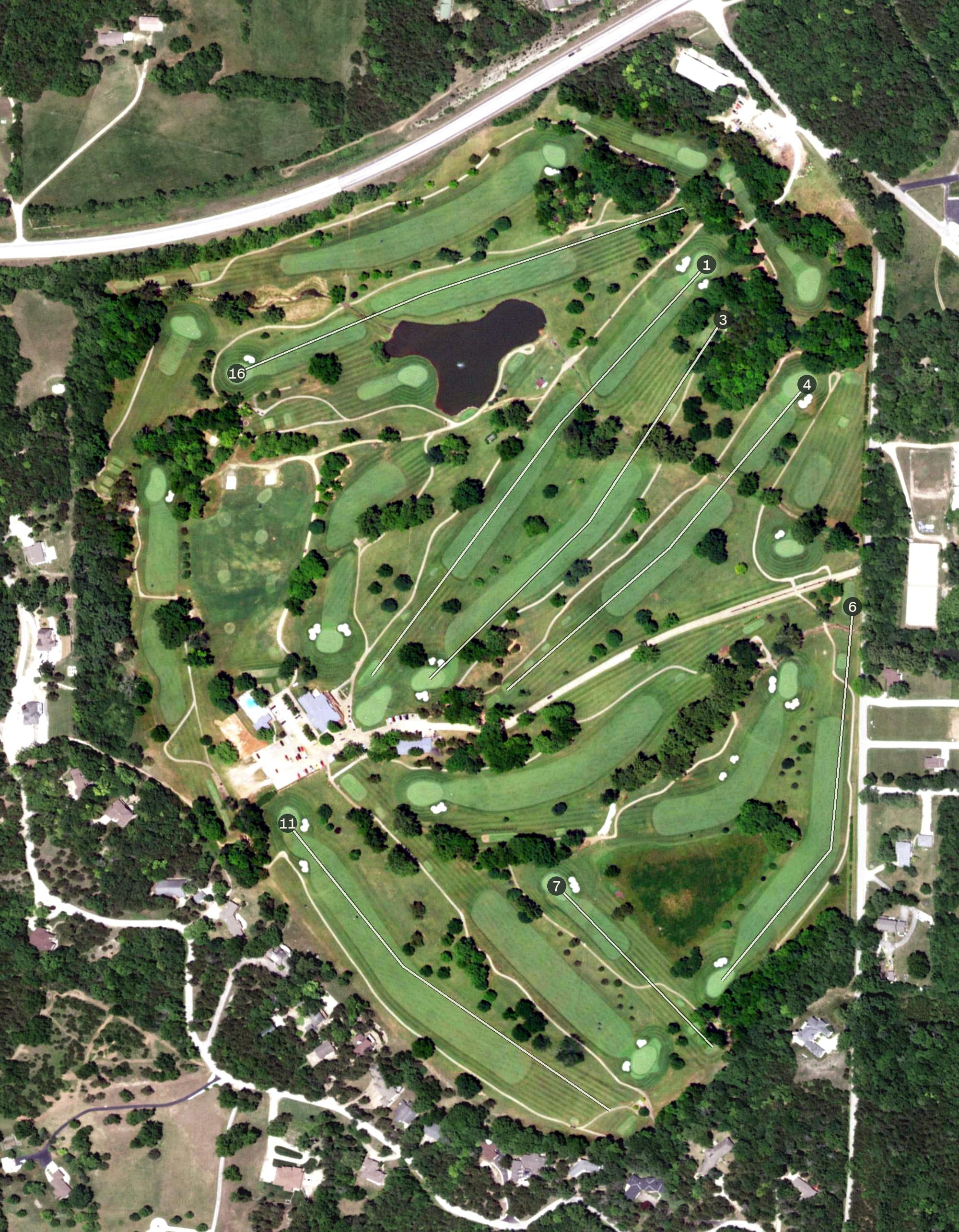 Aerial view of Lake Valley Golf Club, MO, with its hole routing marked