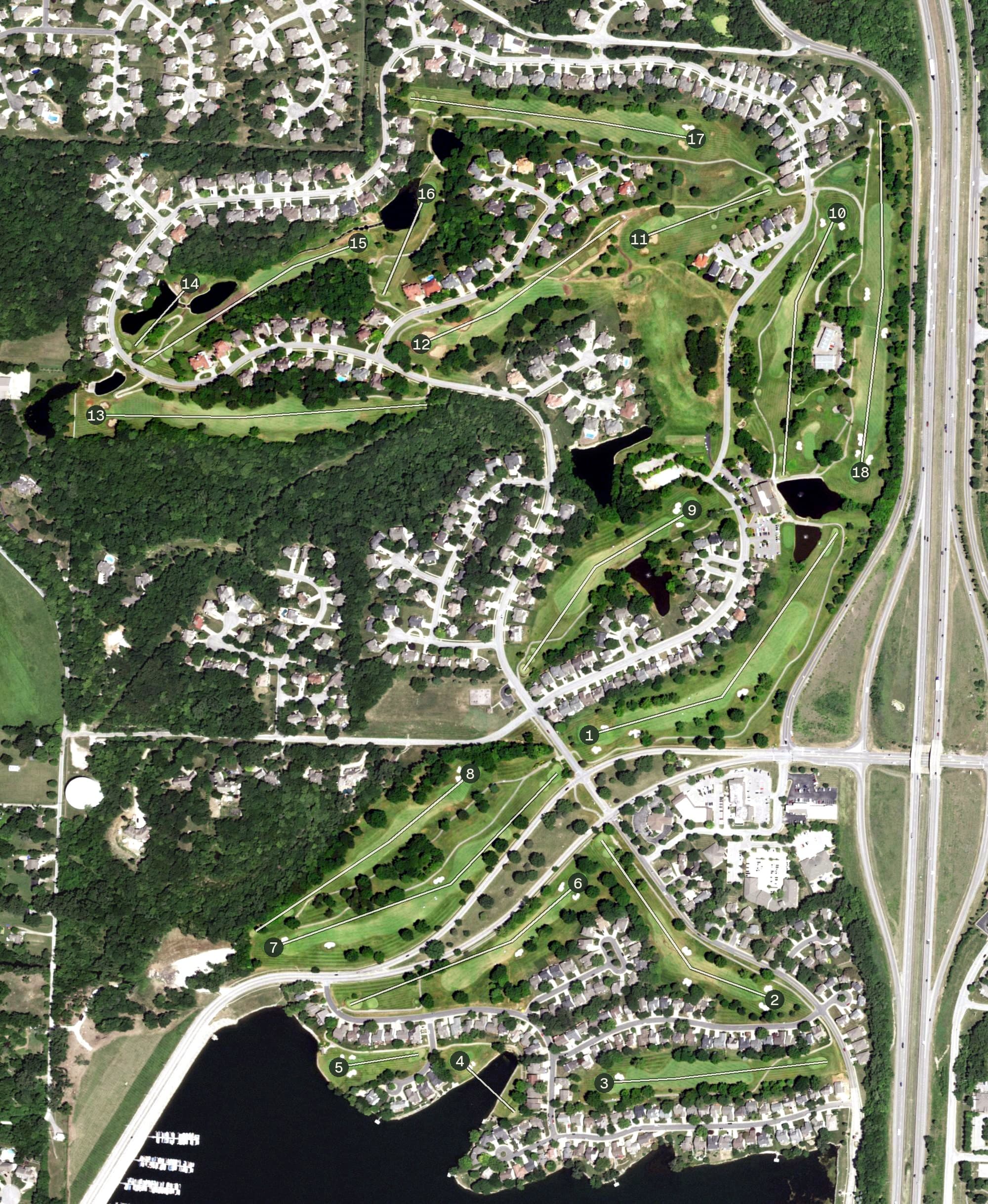 Aerial view of Lakewood Oaks Golf Club, MO, with its hole routing marked