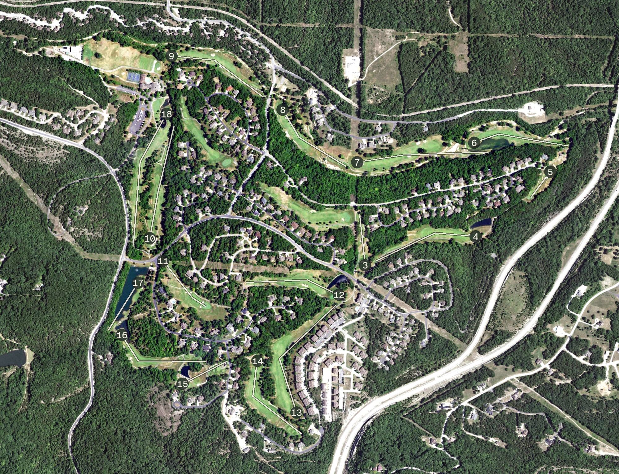 Aerial view of LedgeStone Championship Golf Course, MO, with its hole routing marked