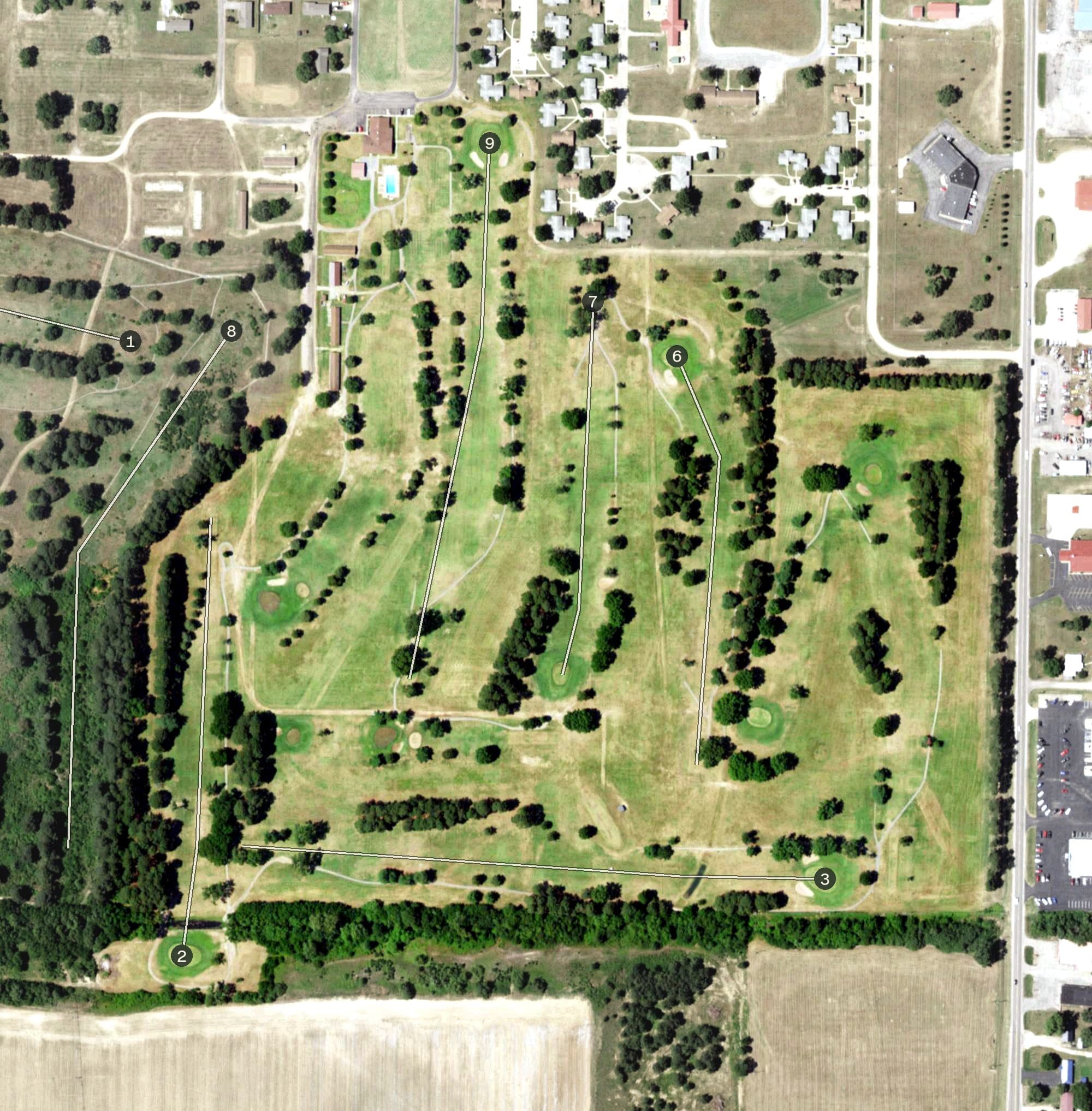 Aerial view of Malden Country Club, MO, with its hole routing marked