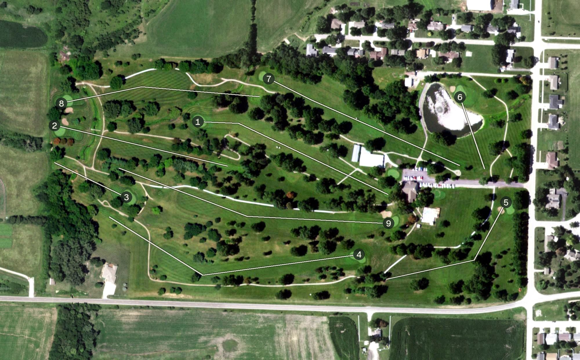 Aerial view of Maryville Country Club, MO, with its hole routing marked