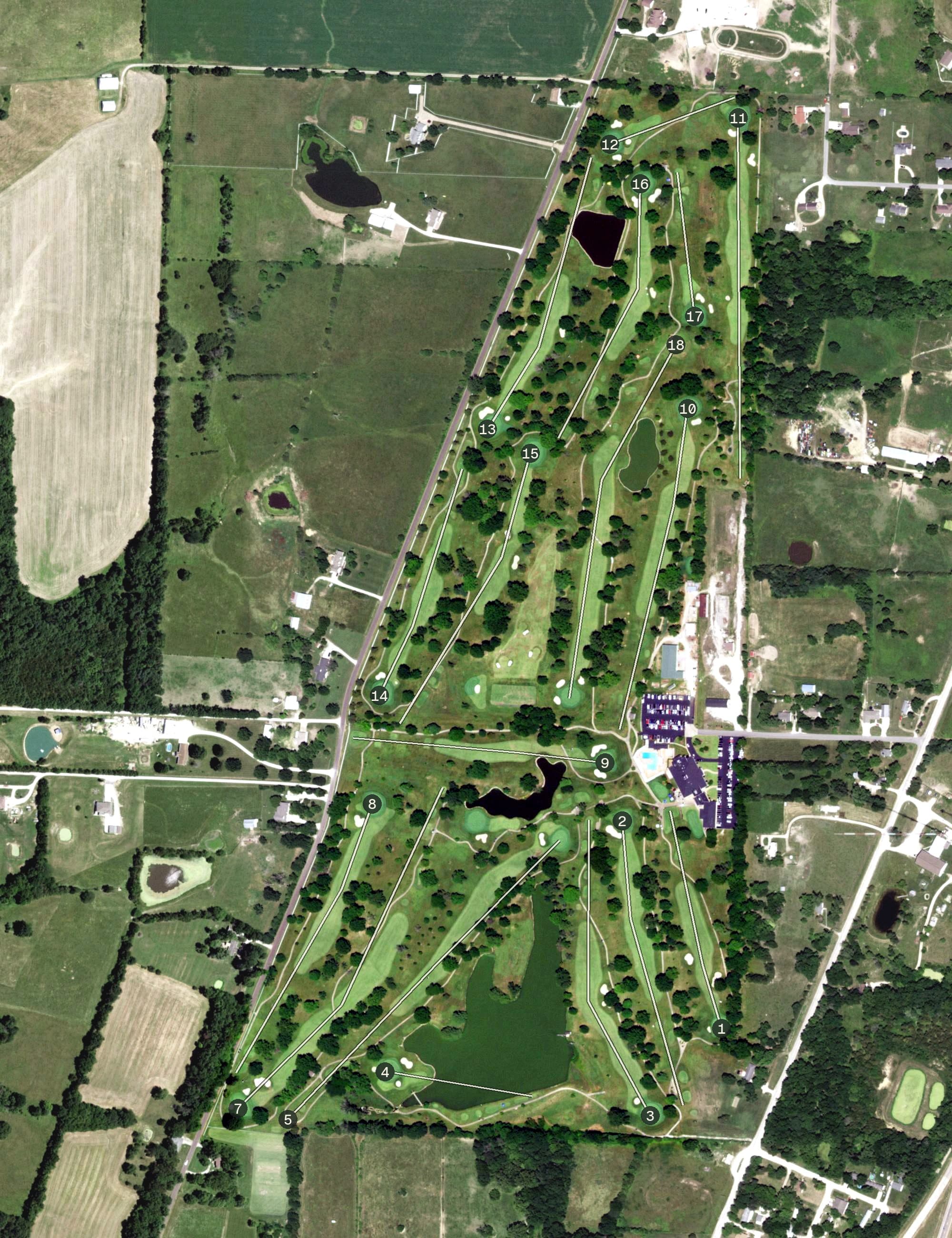 Aerial view of Meadow Lake Acres Country Club, MO, with its hole routing marked