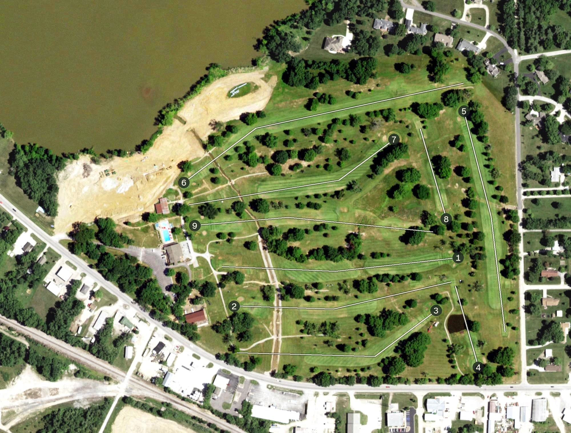 Aerial view of Mexico Country Club, MO, with its hole routing marked