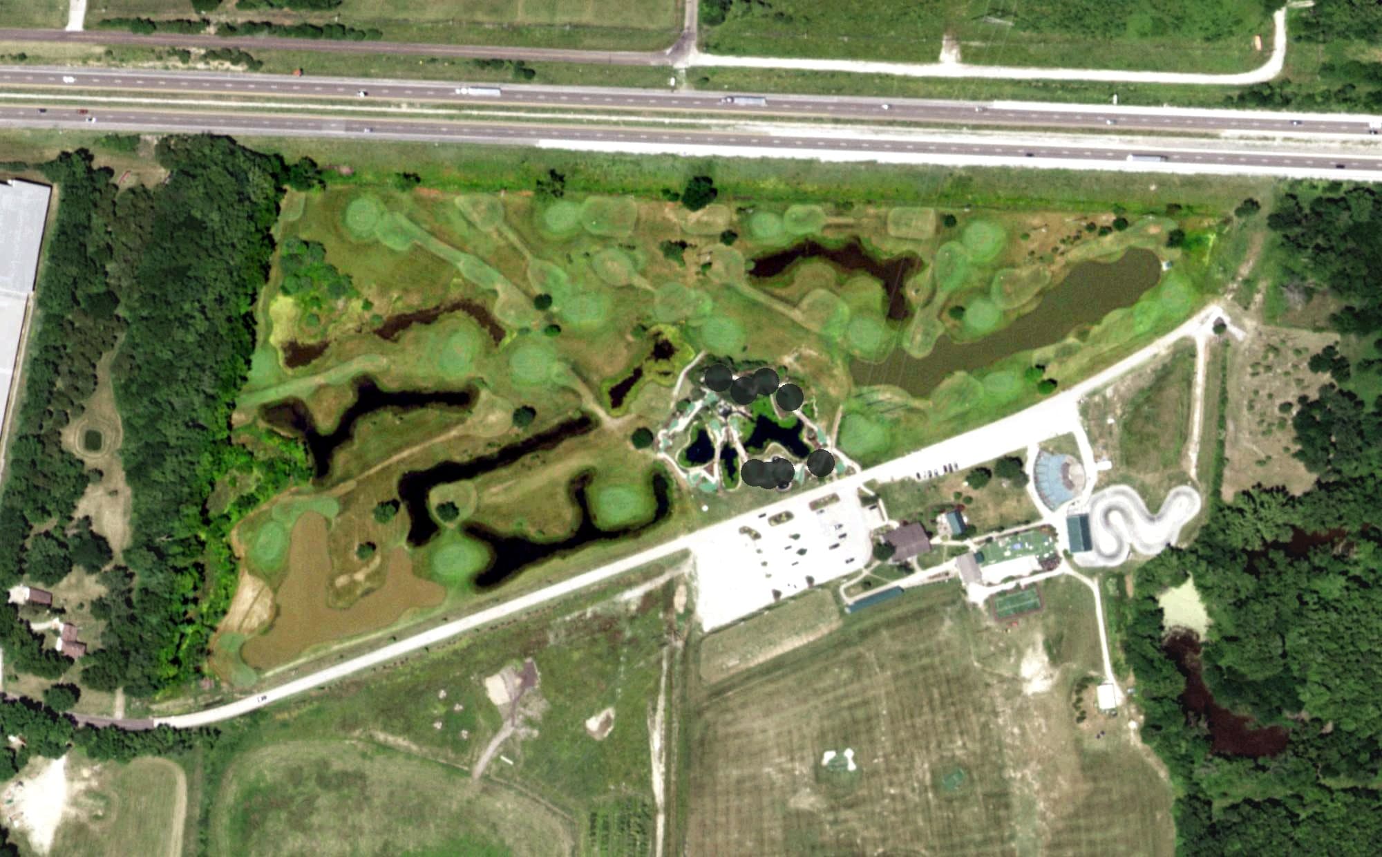 Aerial view of Midway Golf and Games, MO, with its hole routing marked