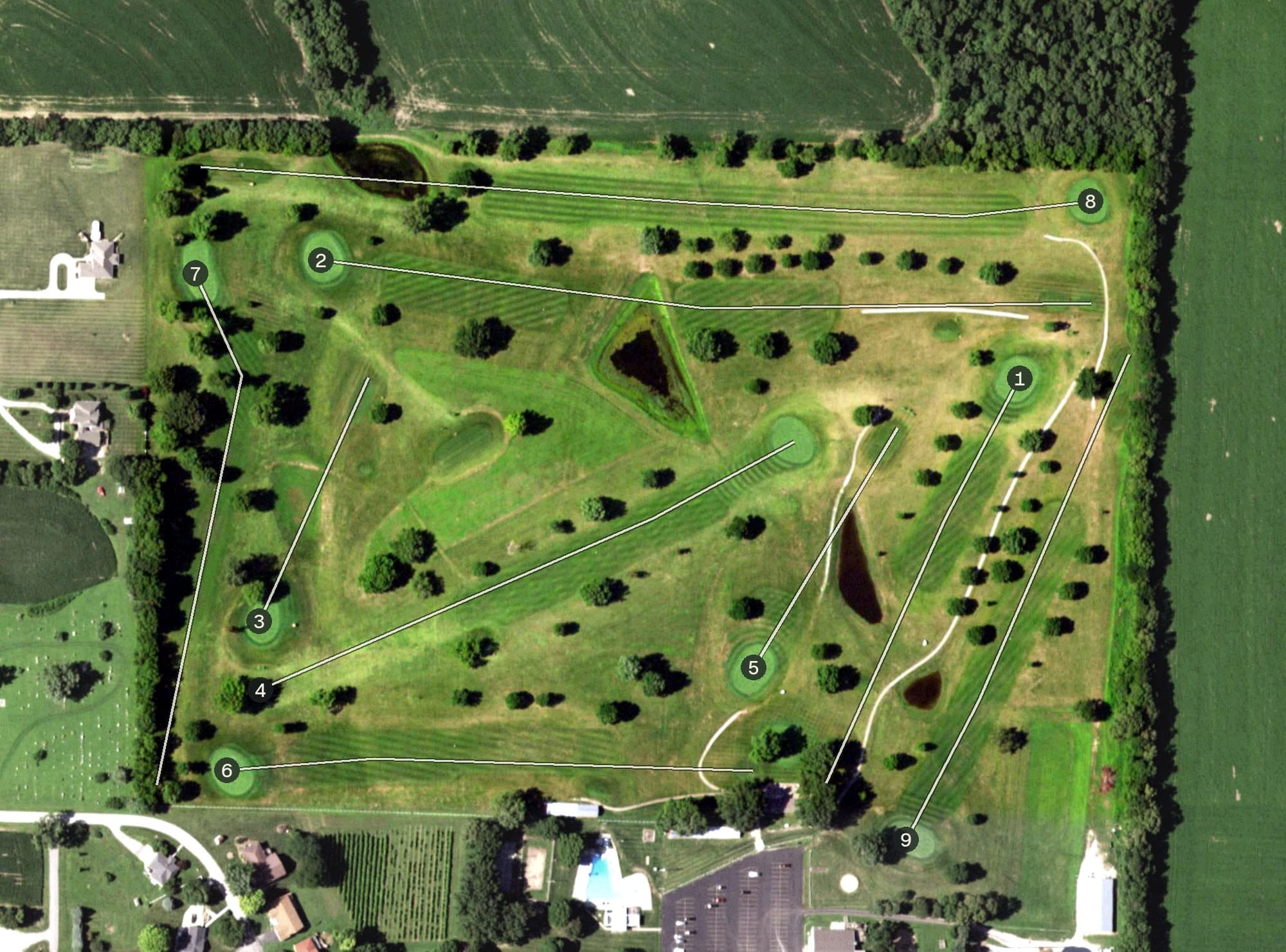 Aerial view of Mound City Golf Club, MO, with its hole routing marked