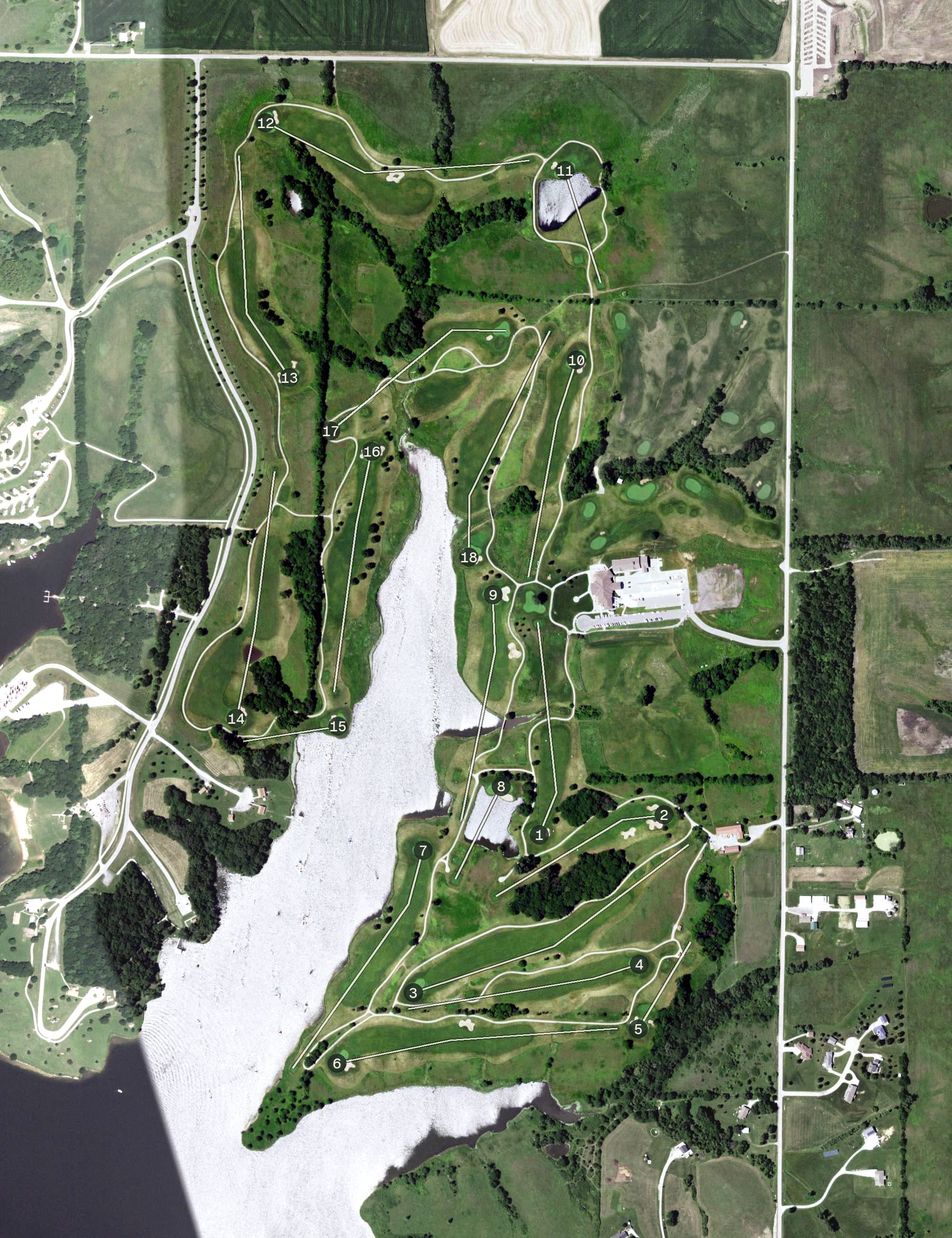 Aerial view of Mozingo Lake Golf Course, MO, with its hole routing marked
