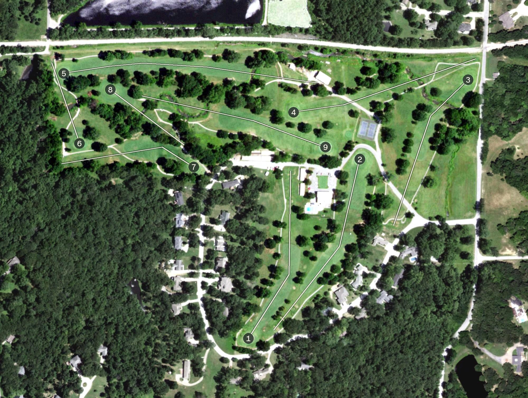 Aerial view of Nevada Country Club, MO, with its hole routing marked