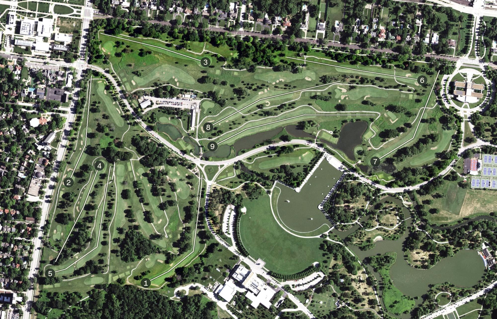 Aerial view of Norman K. Probstein Golf Course, MO, with its hole routing marked