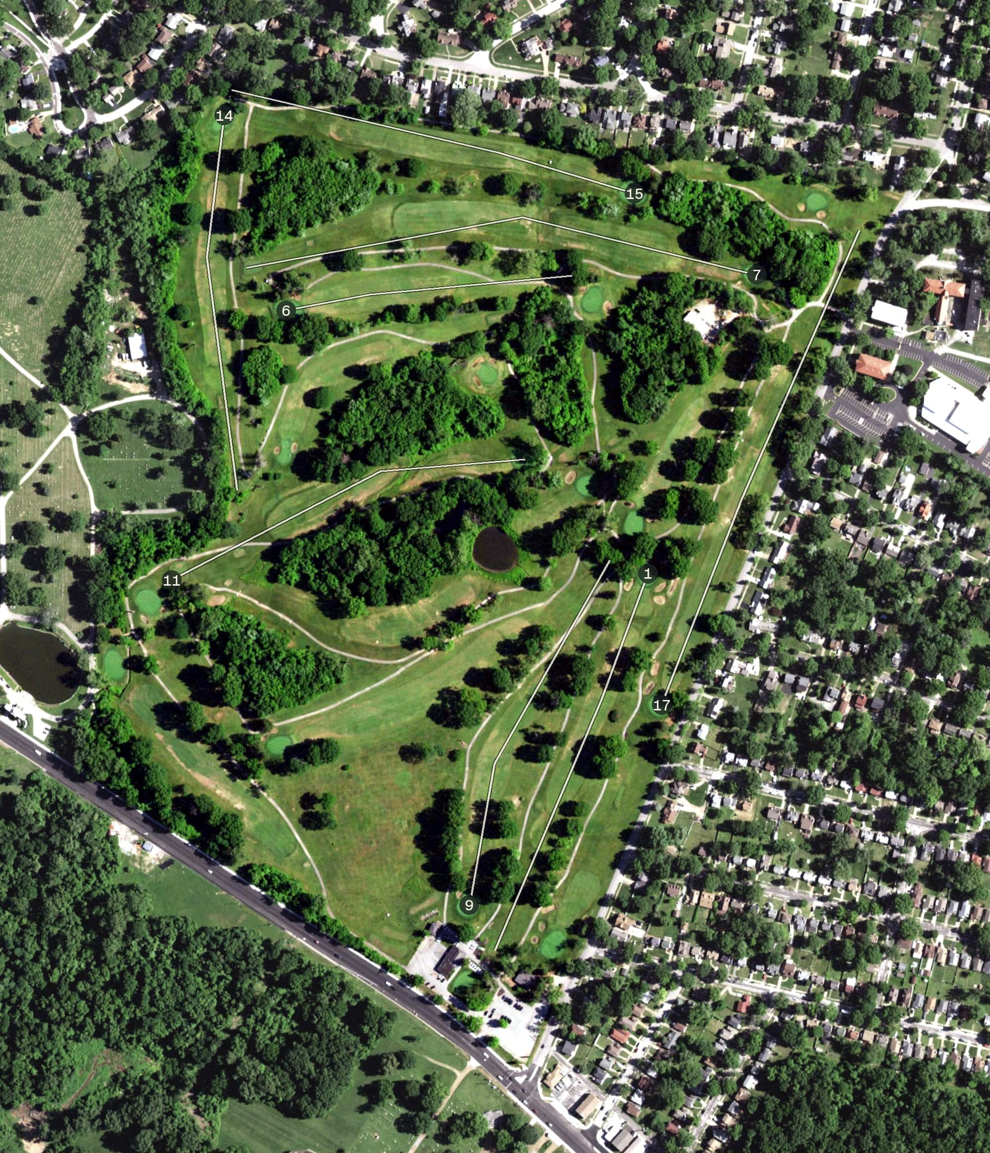 Aerial view of Normandie Golf Club, MO, with its hole routing marked