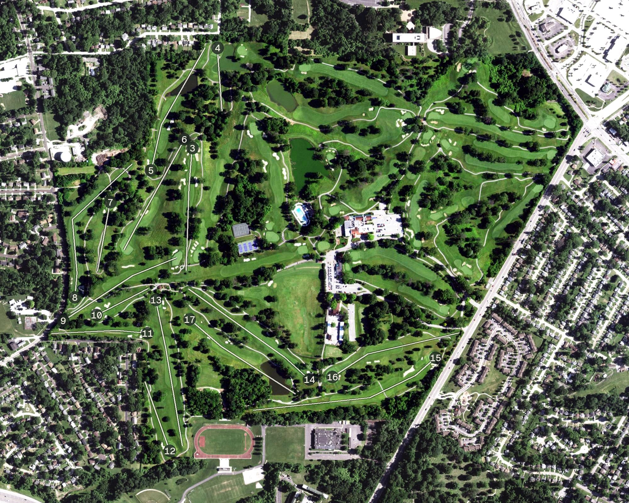 Aerial view of Norwood Hills Country Club, MO, with its hole routing marked