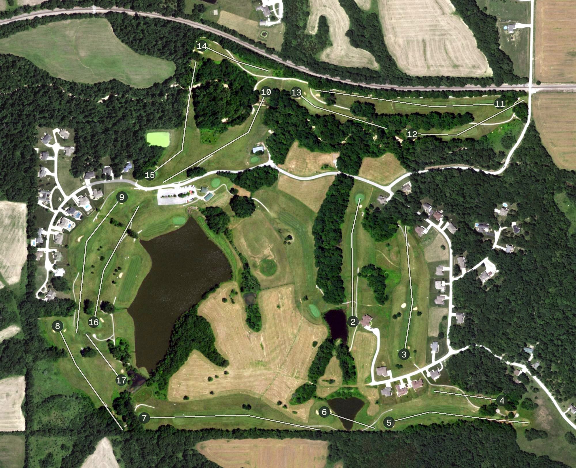 Aerial view of Norwoods Golf Club, MO, with its hole routing marked